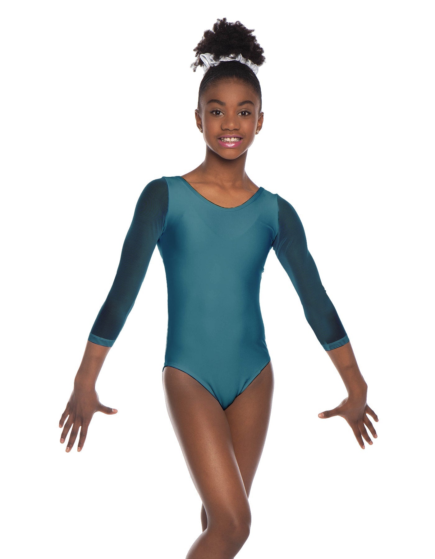 Solid Lycra Mesh 3/4 Sleeve Round Neck Leotard Gymnastics