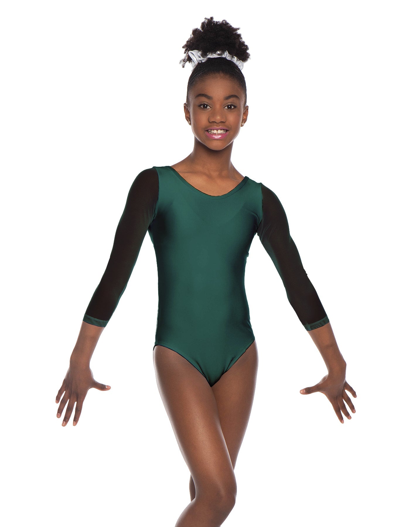 Solid Lycra Mesh 3/4 Sleeve Round Neck Leotard Gymnastics