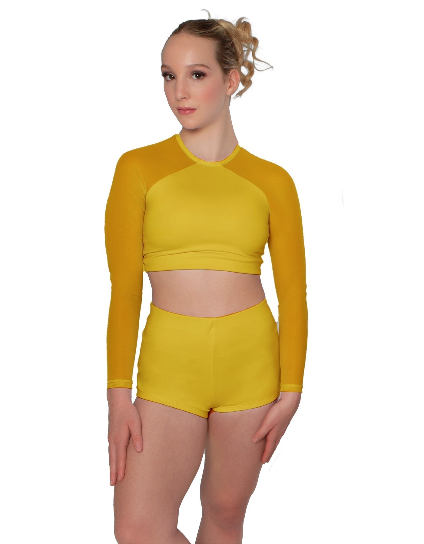 Solid Lycra LS Mesh Raglan Keyhole back Crop Top