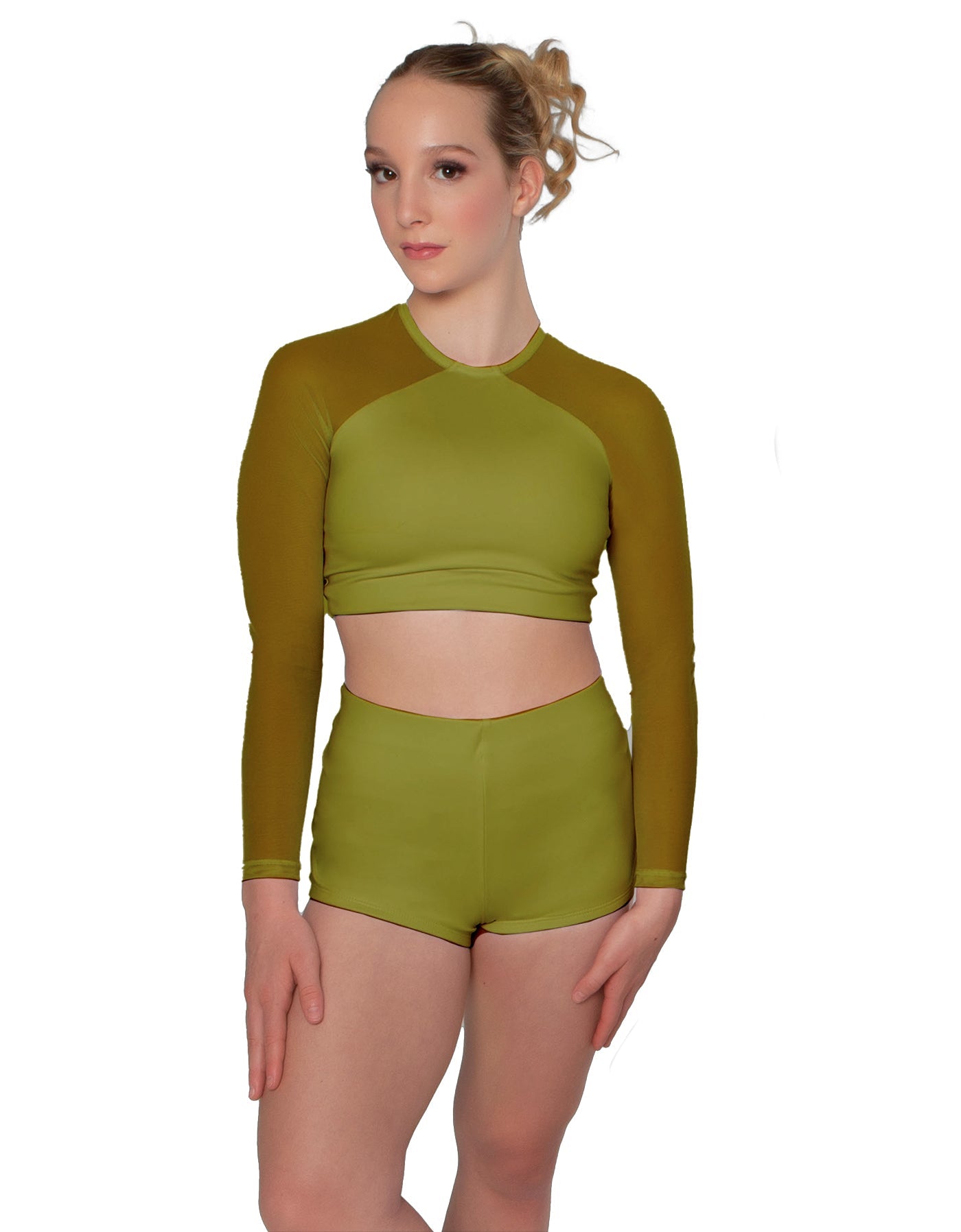 Solid Lycra LS Mesh Raglan Keyhole back Crop Top