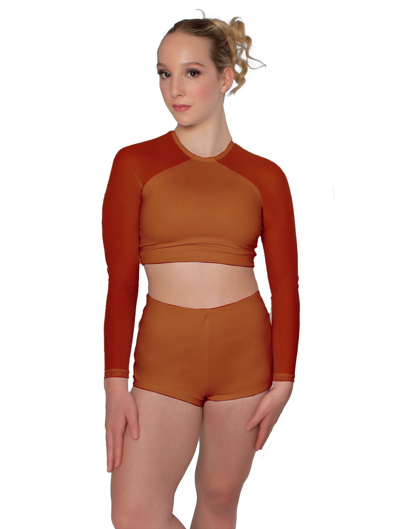Solid Lycra LS Mesh Raglan Keyhole back Crop Top