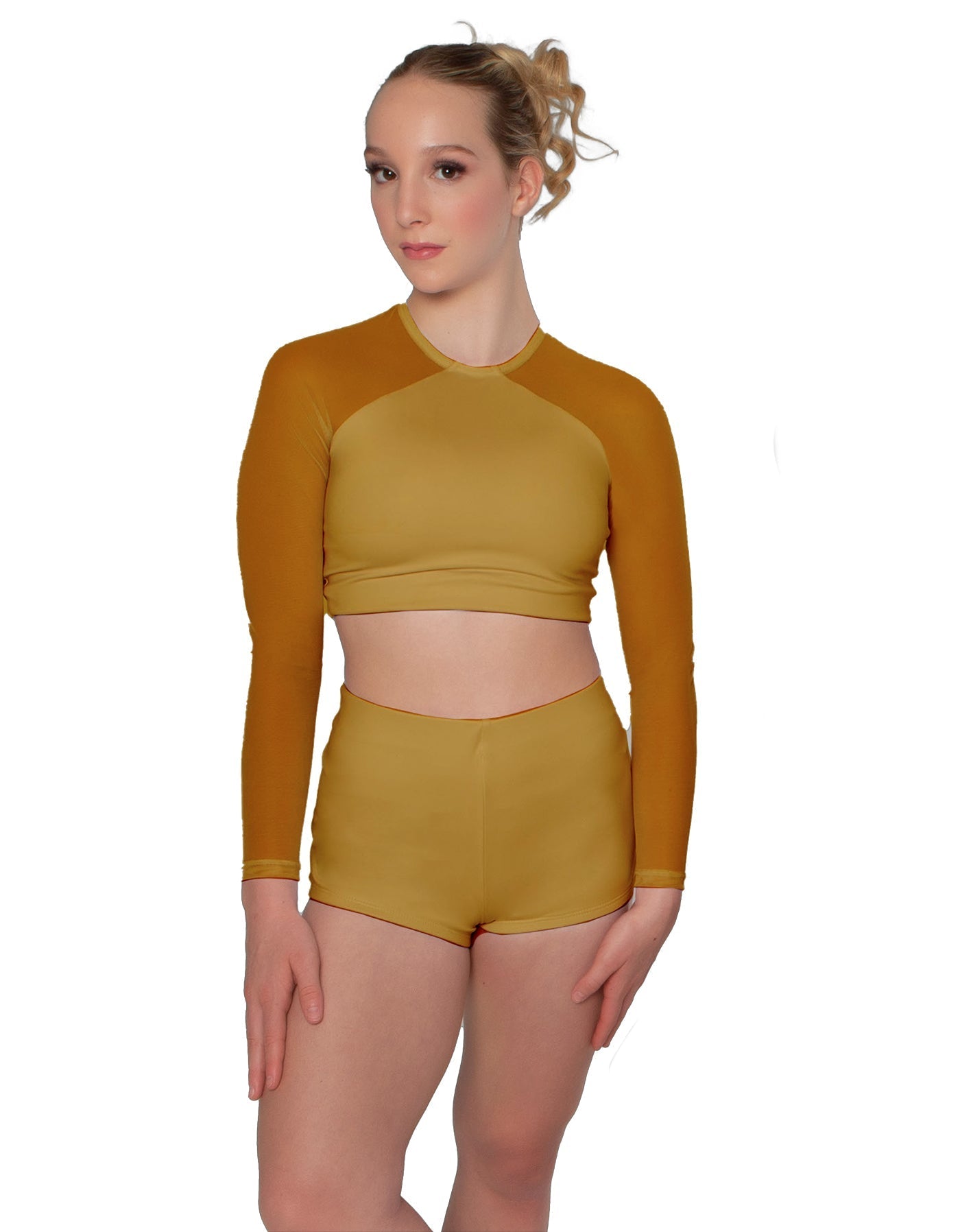 Solid Lycra LS Mesh Raglan Keyhole back Crop Top