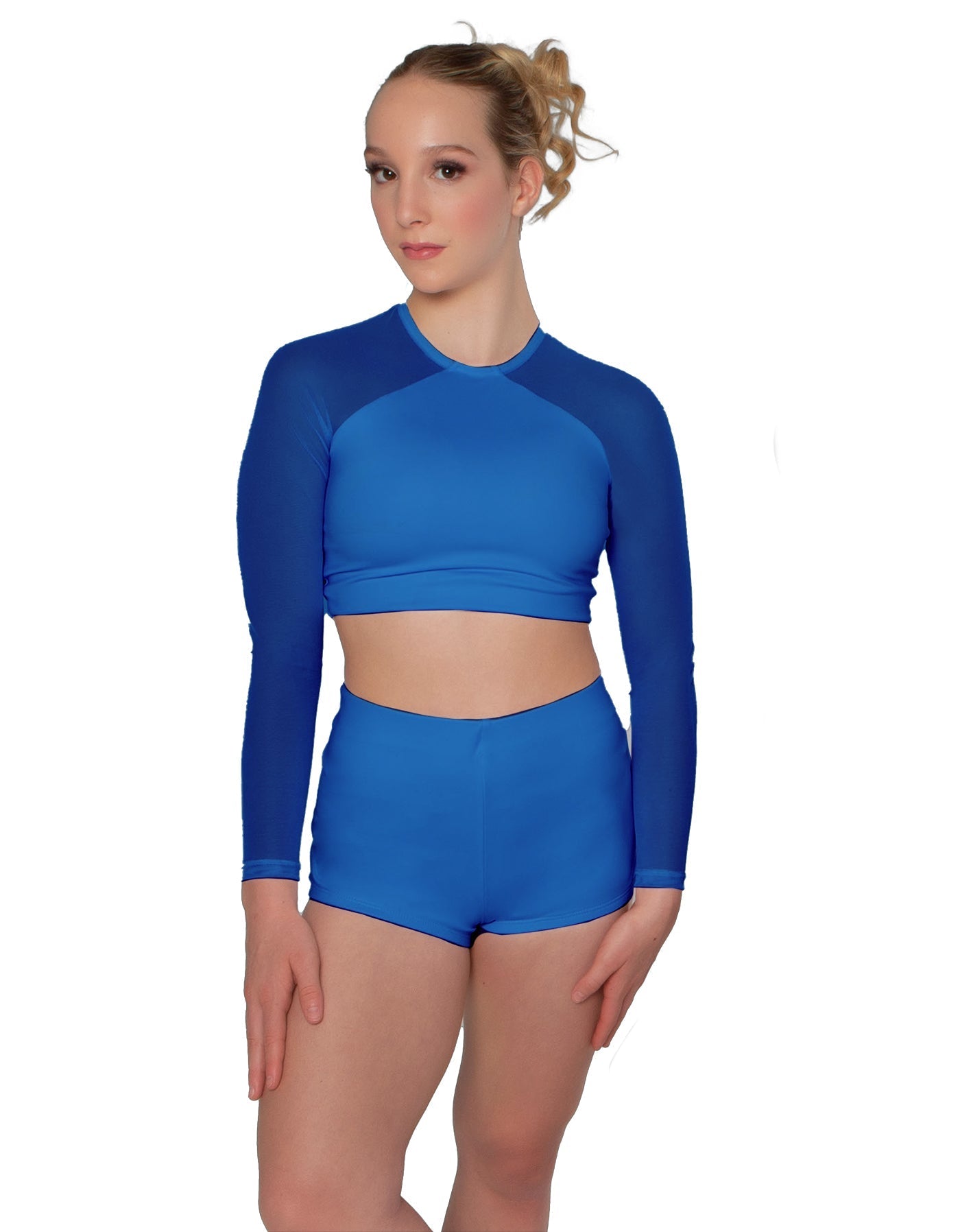 Solid Lycra LS Mesh Raglan Keyhole back Crop Top