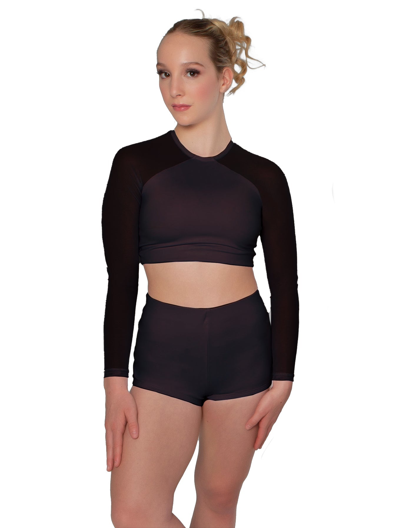 Solid Lycra LS Mesh Raglan Keyhole back Crop Top