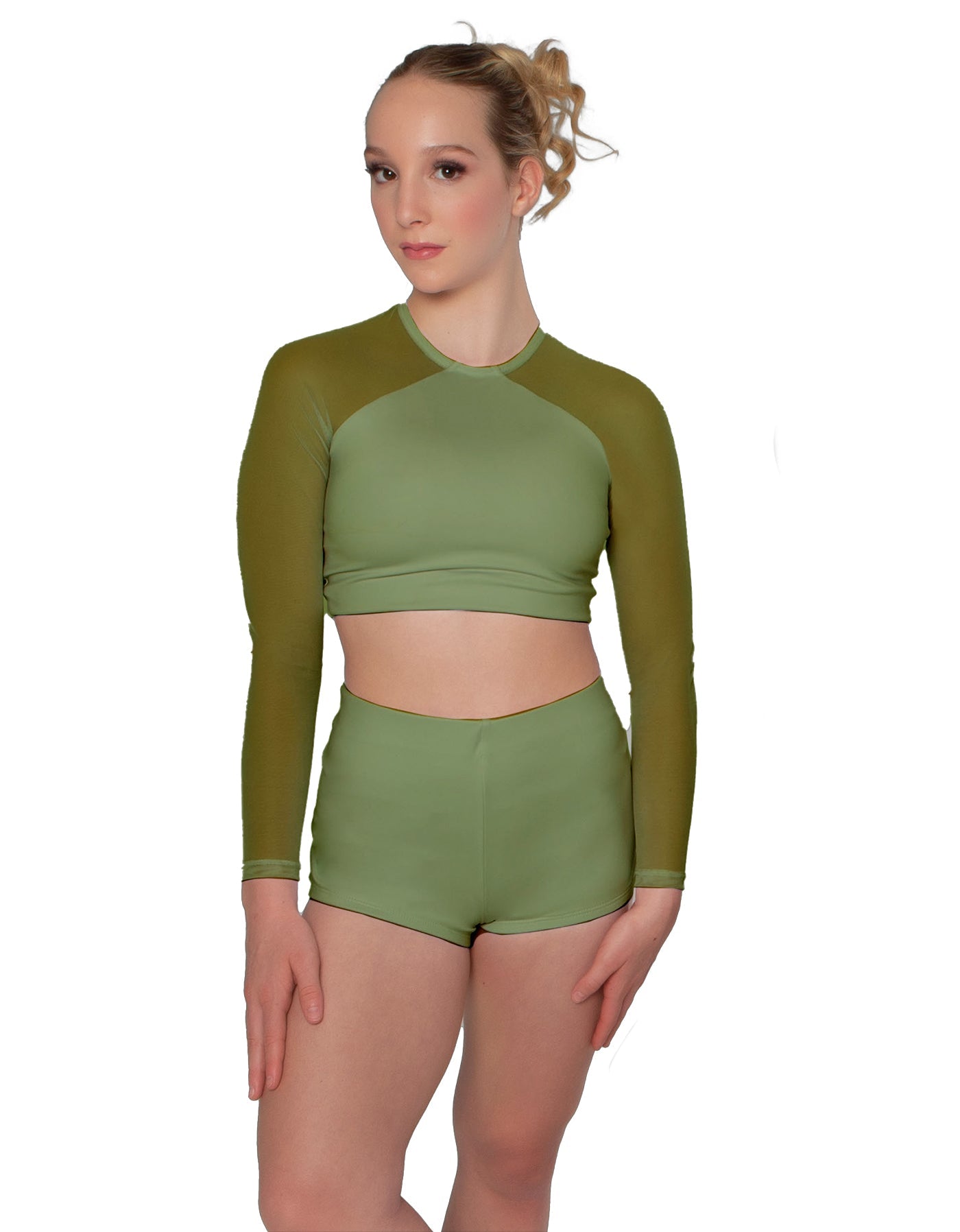 Solid Lycra LS Mesh Raglan Keyhole back Crop Top