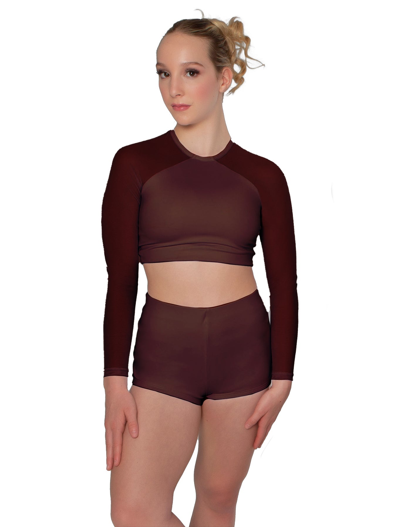 Solid Lycra LS Mesh Raglan Keyhole back Crop Top