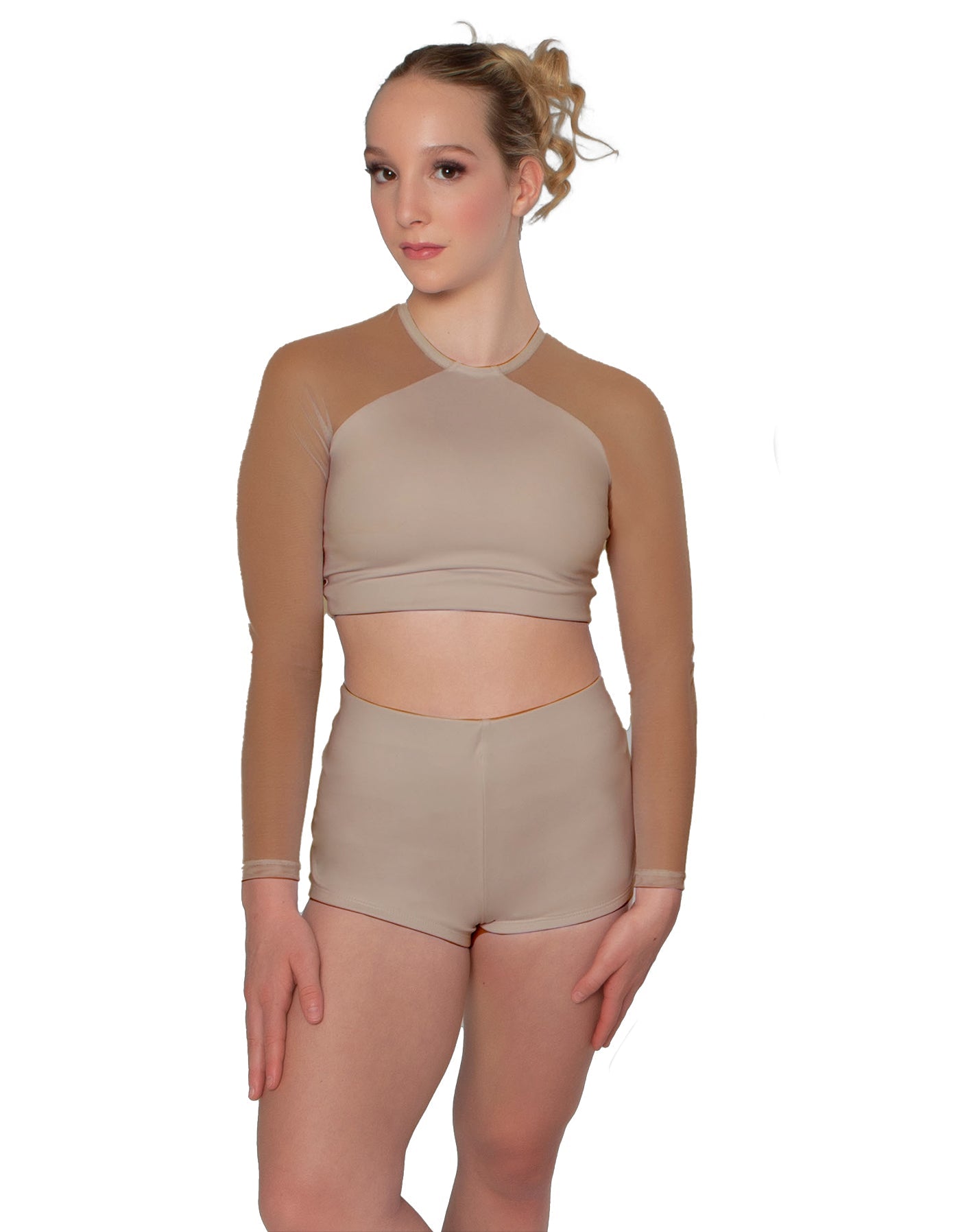 Solid Lycra LS Mesh Raglan Keyhole back Crop Top