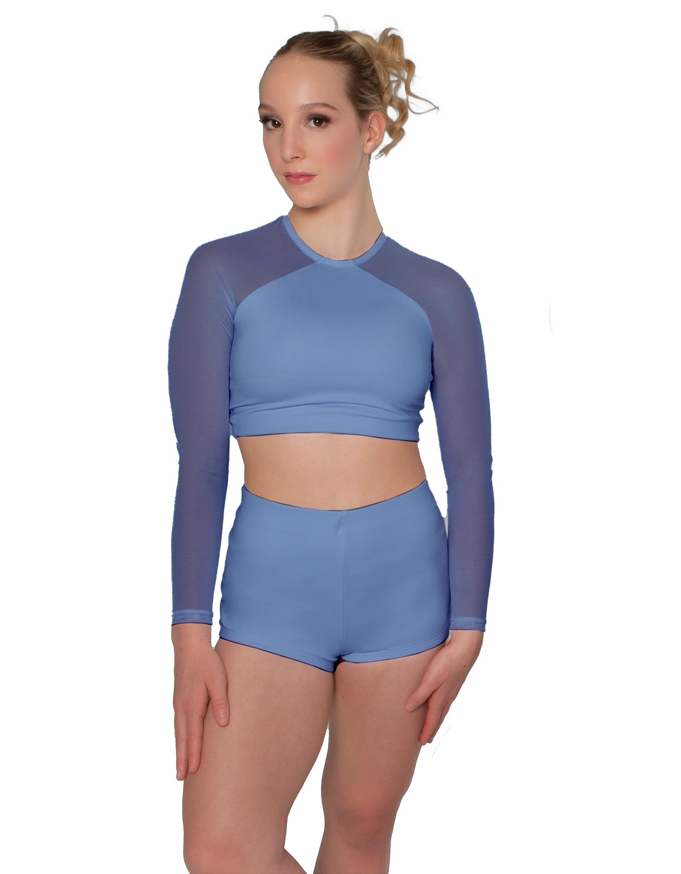 Solid Lycra LS Mesh Raglan Keyhole back Crop Top