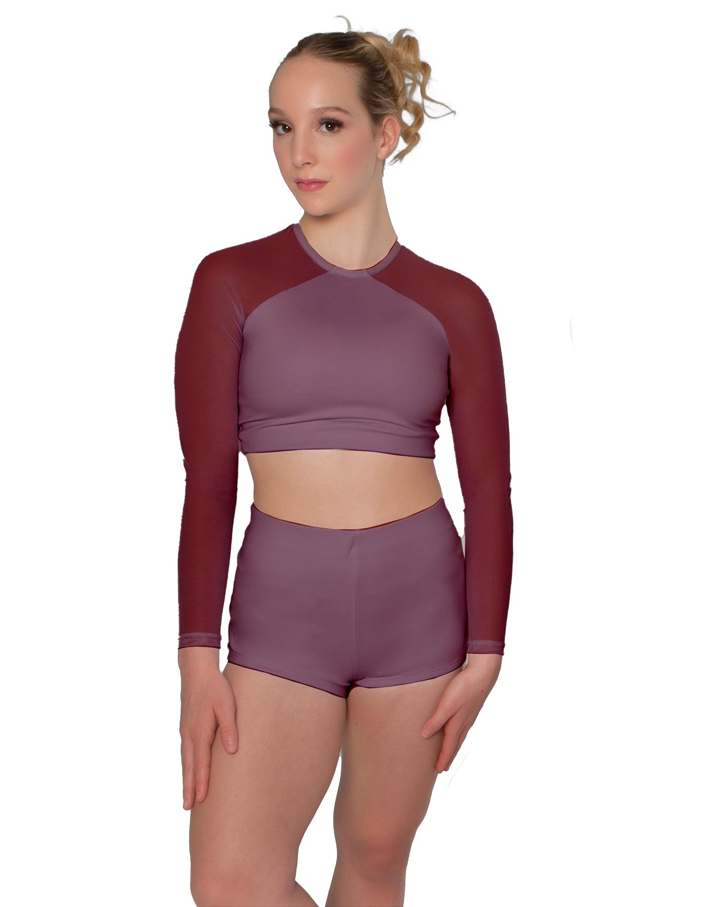 Solid Lycra LS Mesh Raglan Keyhole back Crop Top