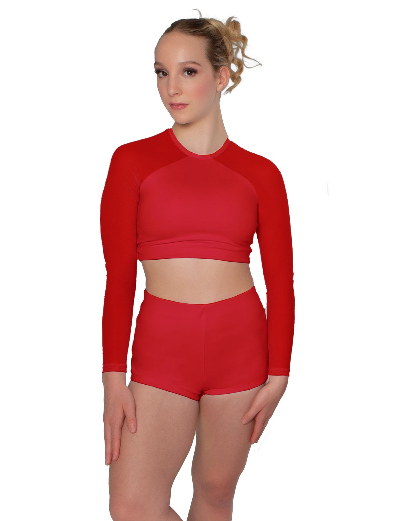 Solid Lycra LS Mesh Raglan Keyhole back Crop Top