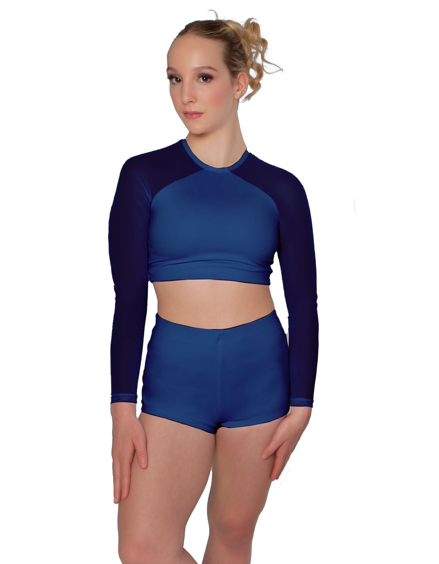 Solid Lycra LS Mesh Raglan Keyhole back Crop Top
