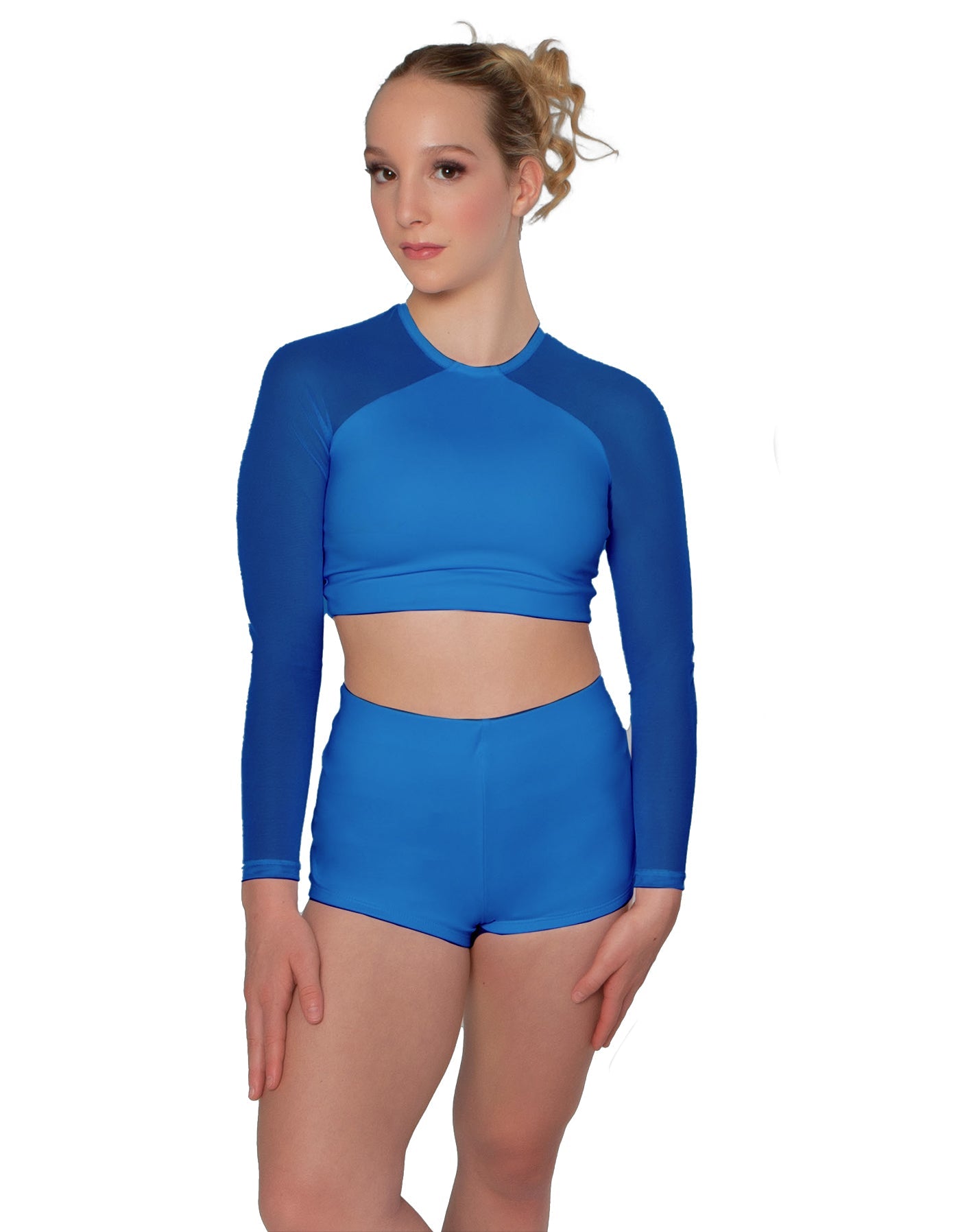 Solid Lycra LS Mesh Raglan Keyhole back Crop Top