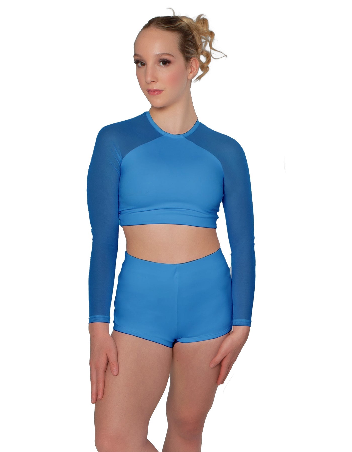 Solid Lycra LS Mesh Raglan Keyhole back Crop Top