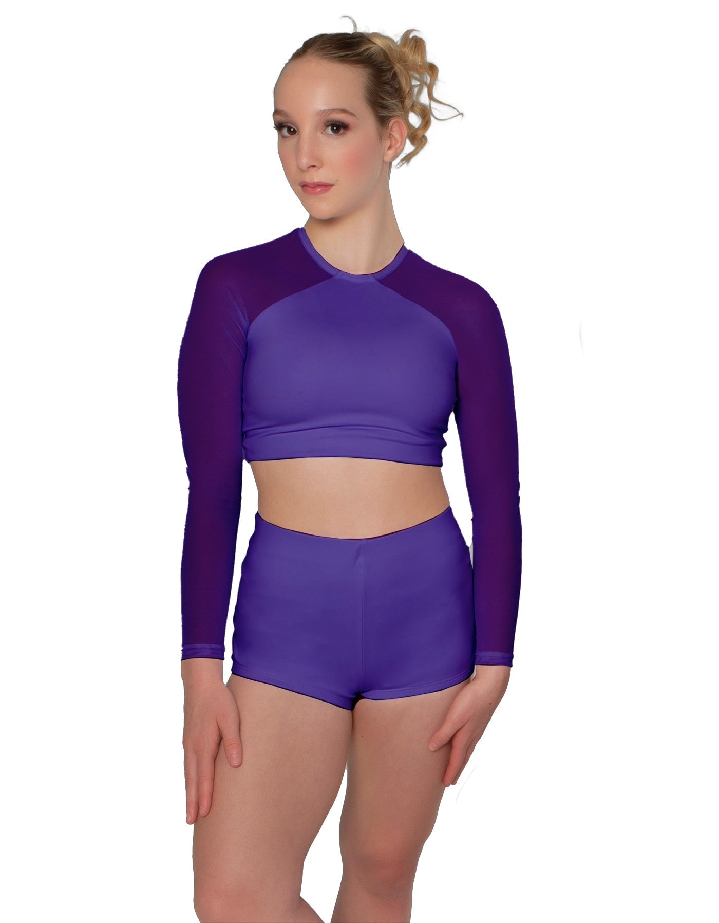 Solid Lycra LS Mesh Raglan Keyhole back Crop Top