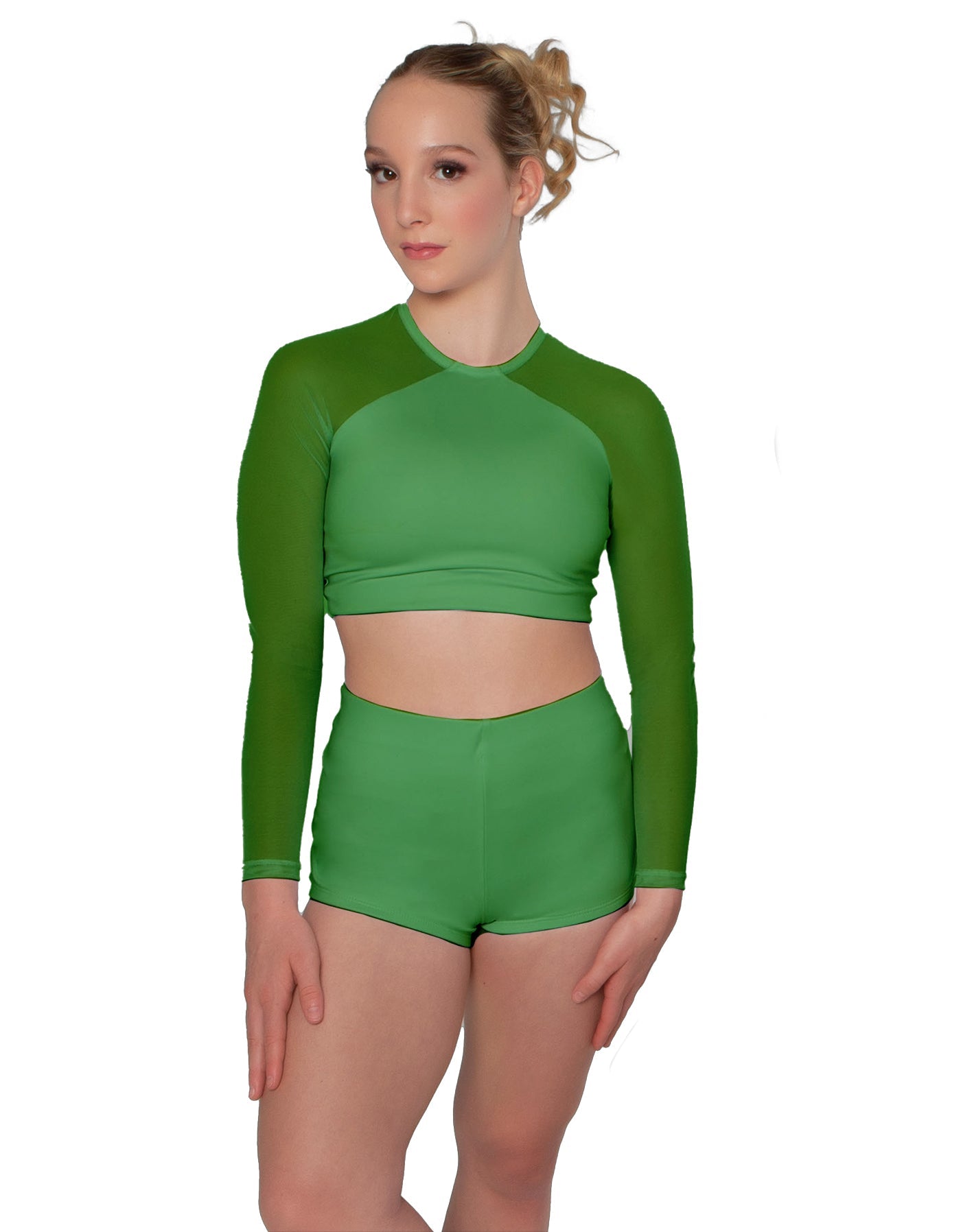 Solid Lycra LS Mesh Raglan Keyhole back Crop Top