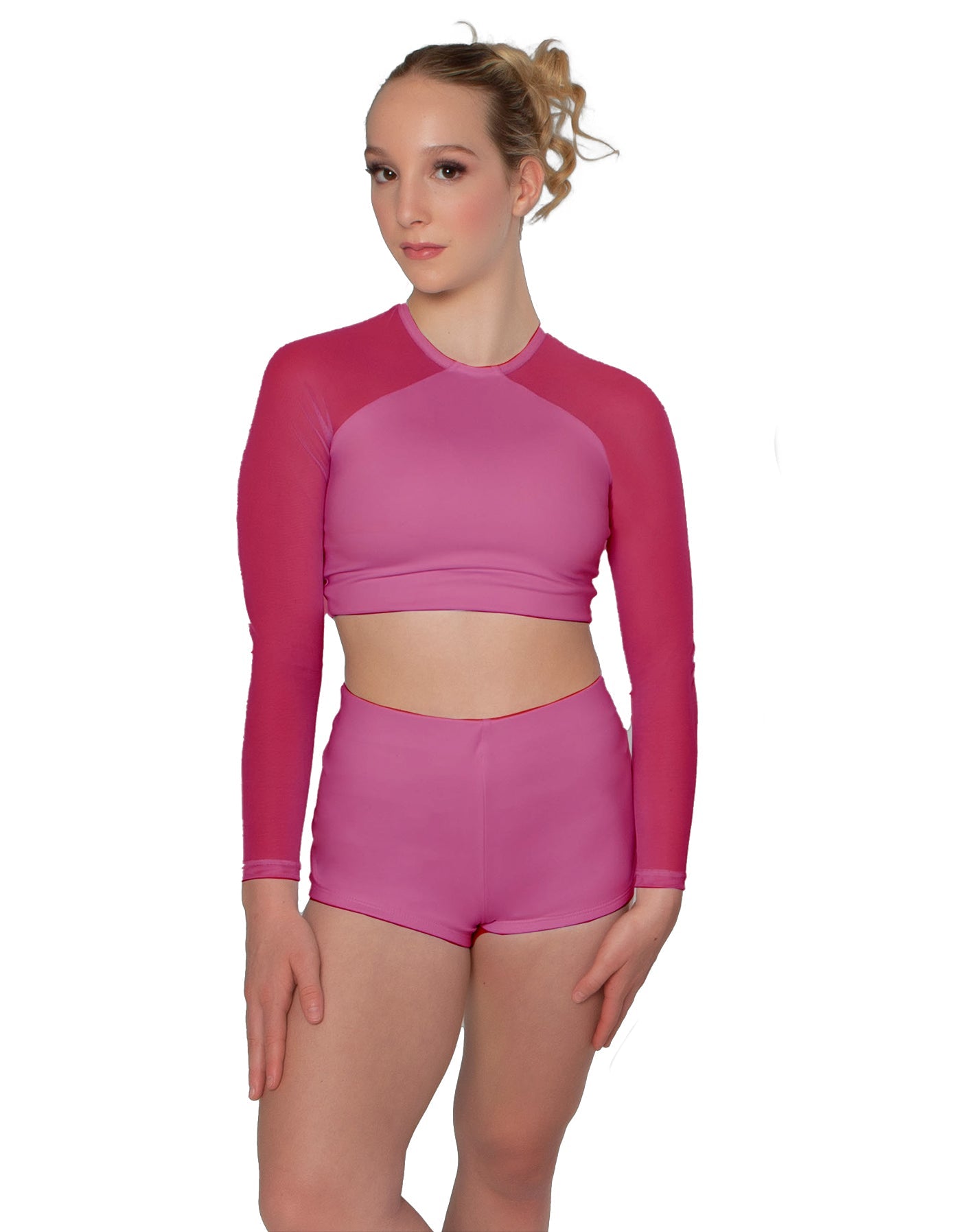 Solid Lycra LS Mesh Raglan Keyhole back Crop Top