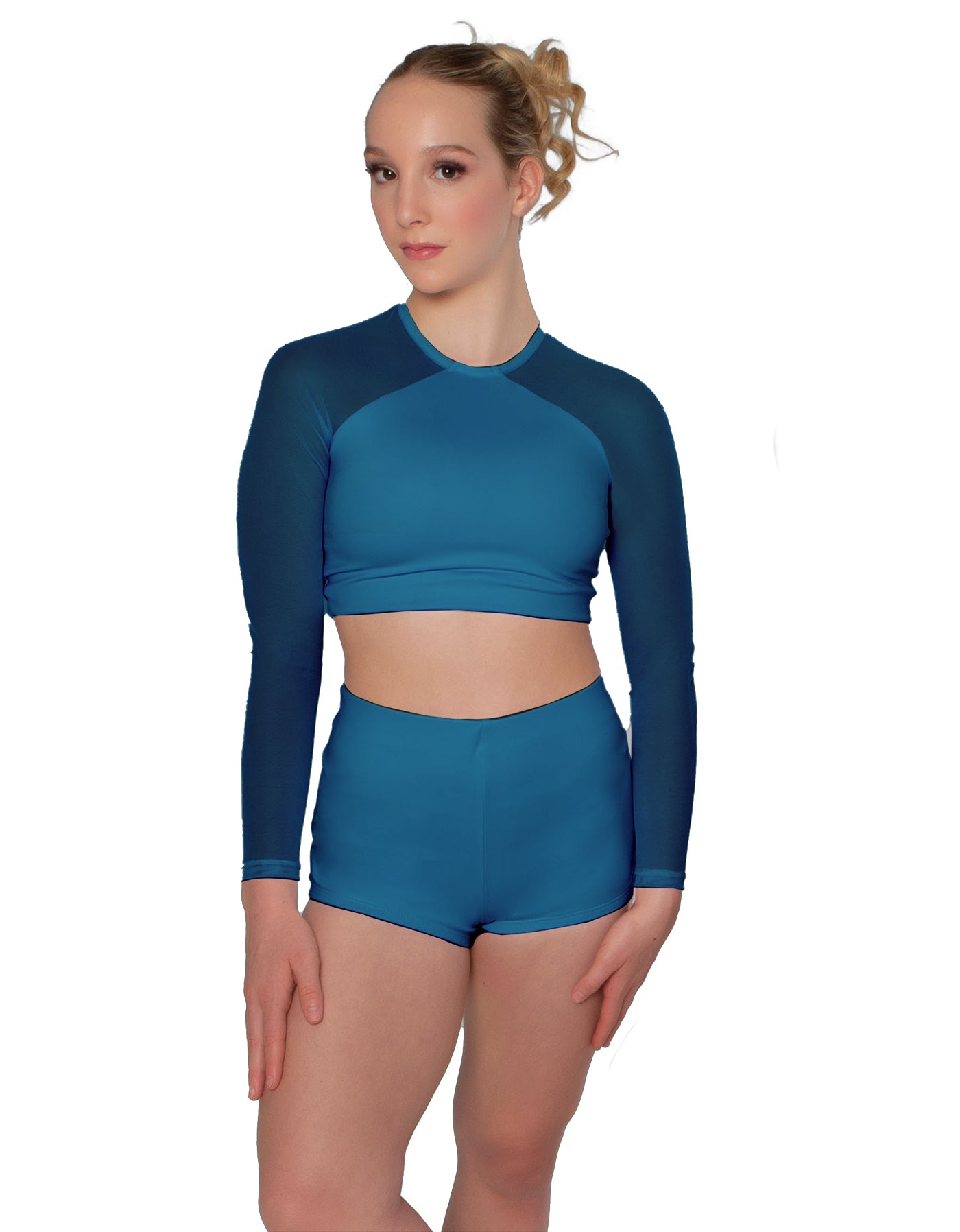 Solid Lycra LS Mesh Raglan Keyhole back Crop Top