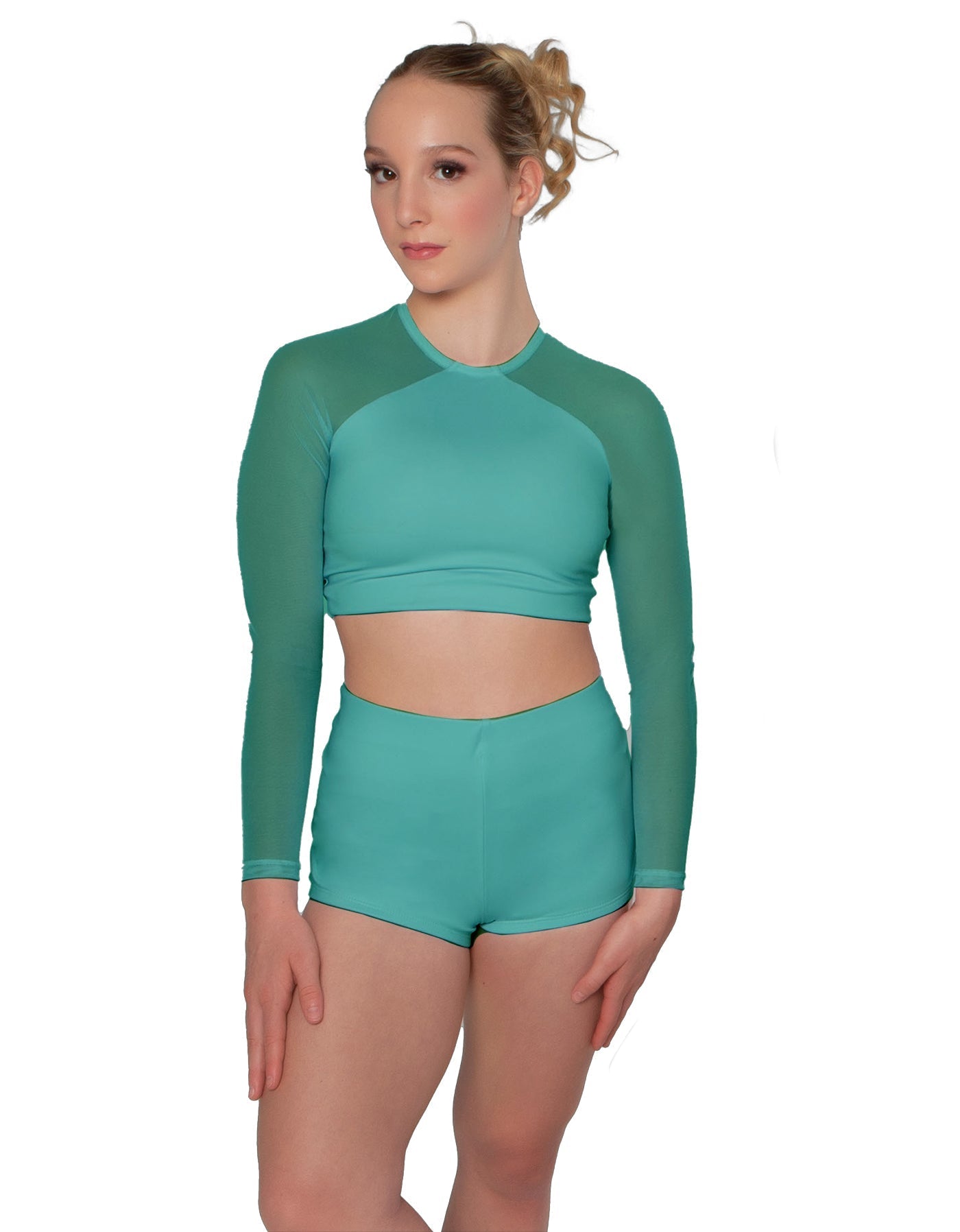Solid Lycra LS Mesh Raglan Keyhole back Crop Top