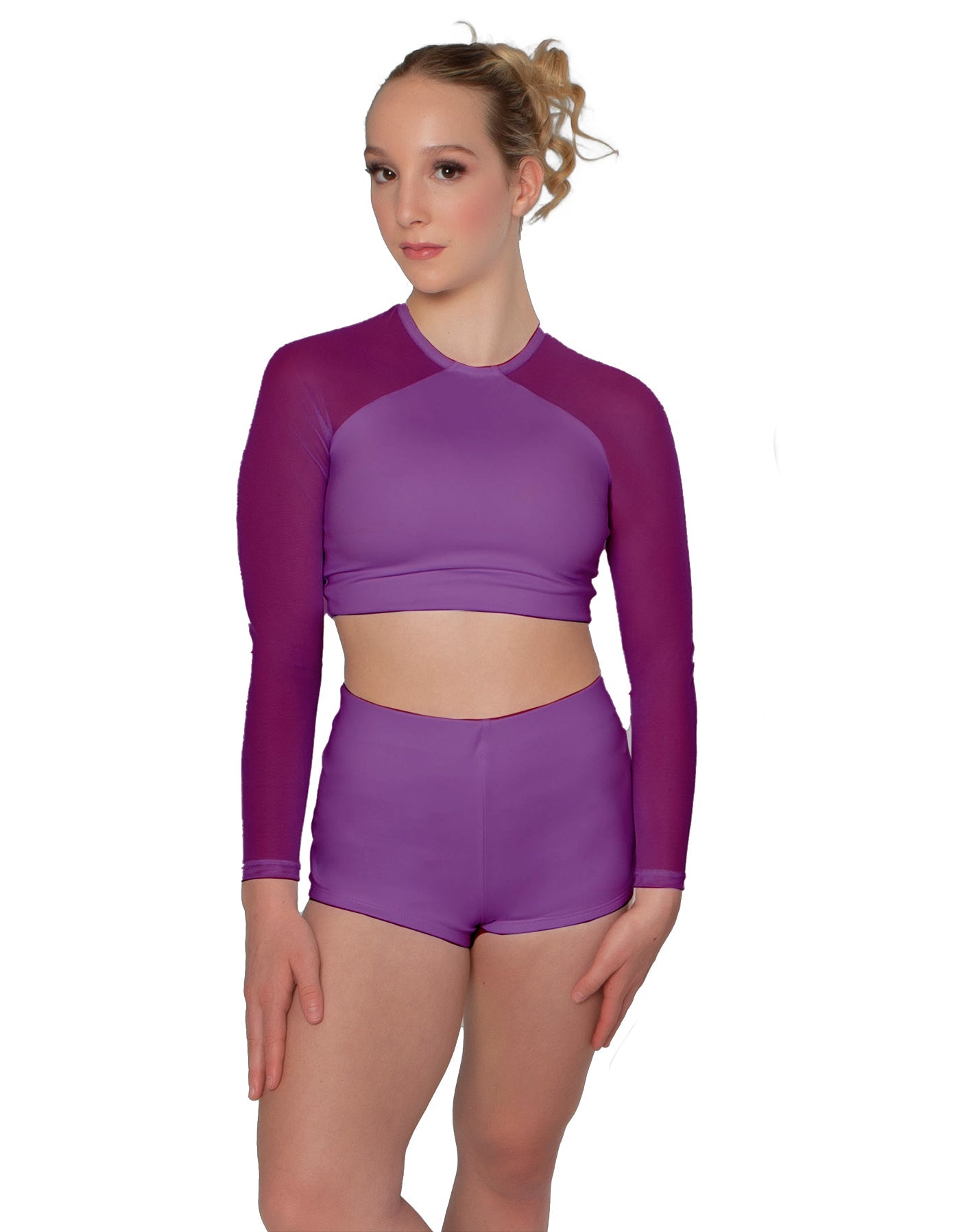 Solid Lycra LS Mesh Raglan Keyhole back Crop Top