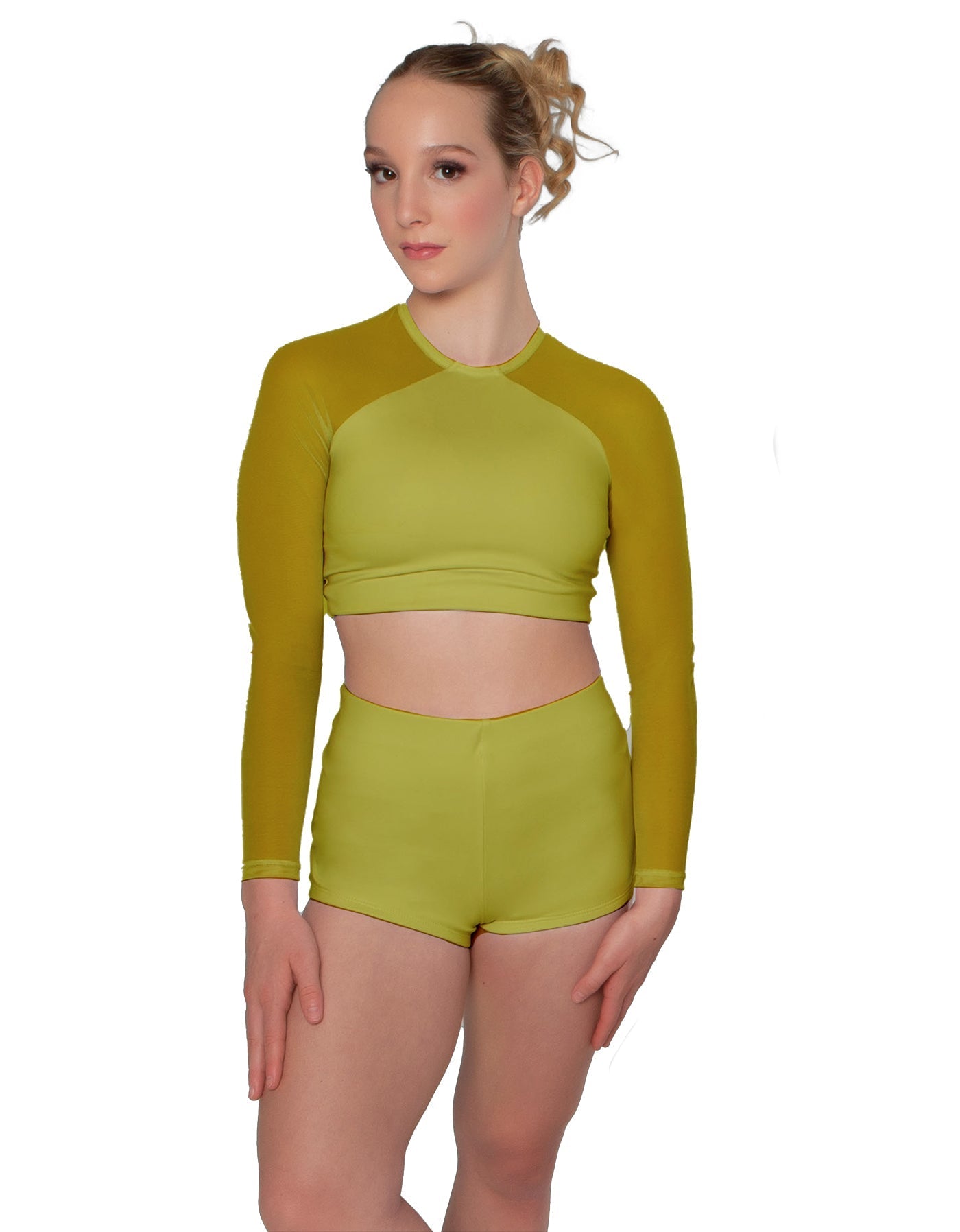 Solid Lycra LS Mesh Raglan Keyhole back Crop Top