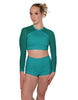 Solid Lycra LS Mesh Raglan Keyhole back Crop Top