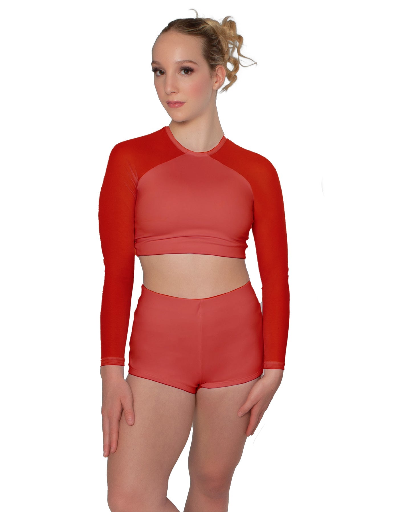 Solid Lycra LS Mesh Raglan Keyhole back Crop Top