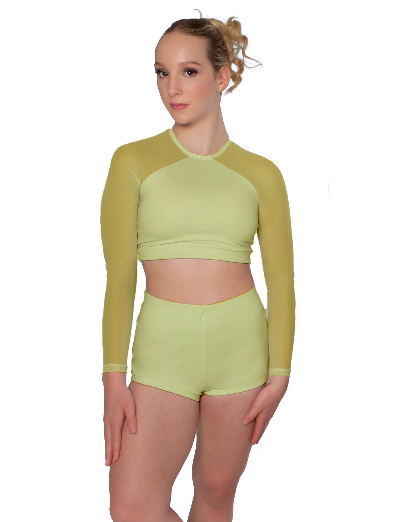 Solid Lycra LS Mesh Raglan Keyhole back Crop Top