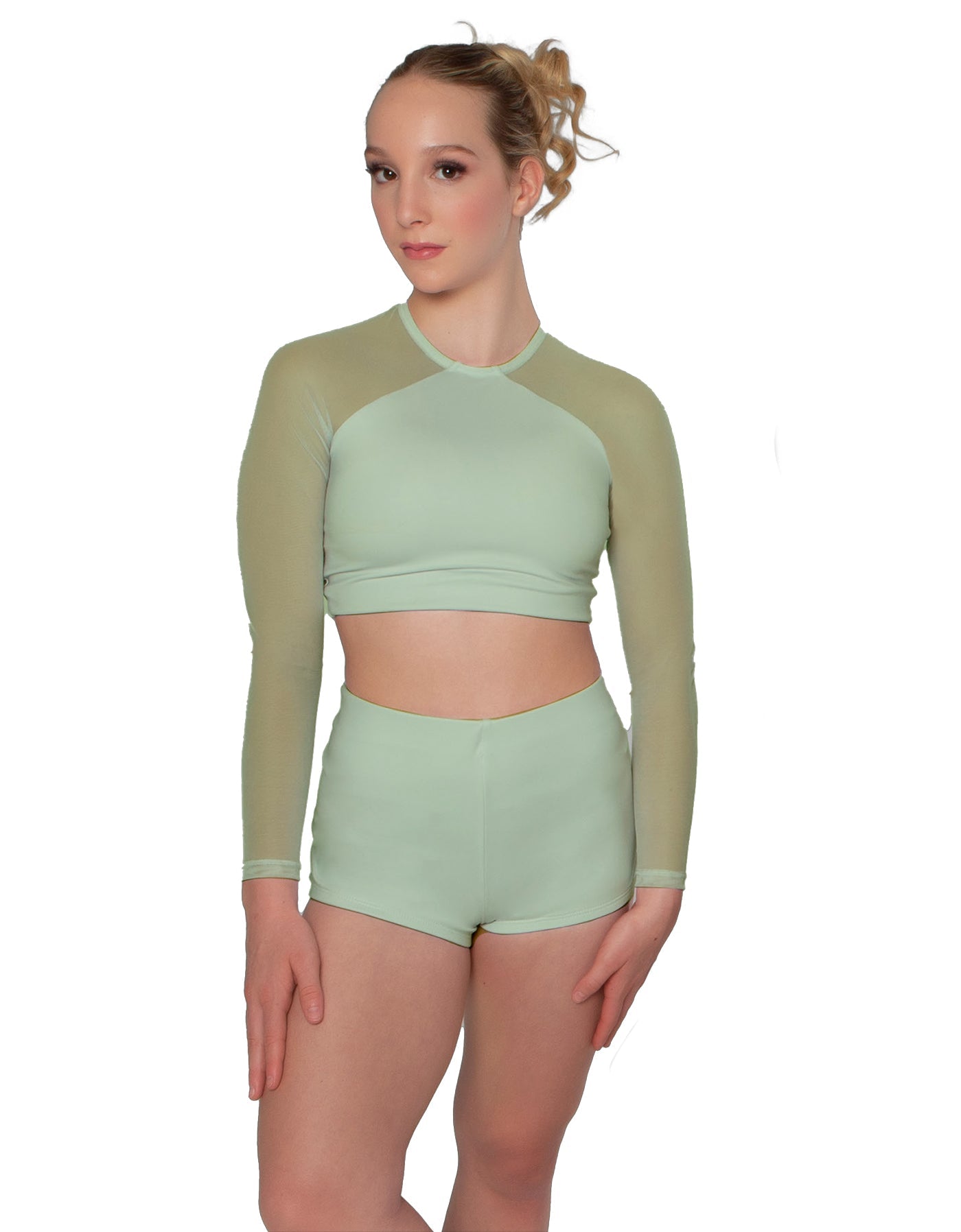 Solid Lycra LS Mesh Raglan Keyhole back Crop Top