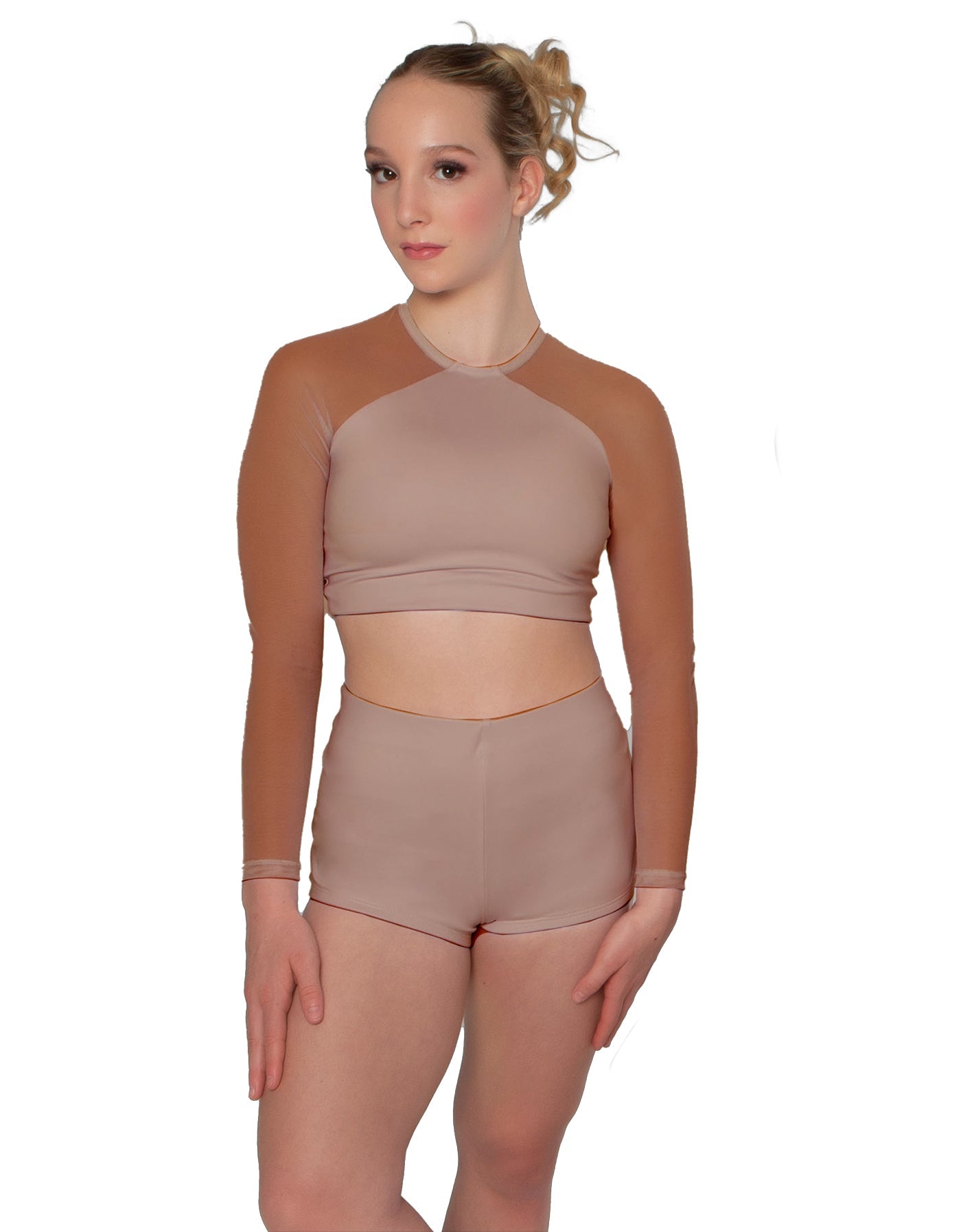 Solid Lycra LS Mesh Raglan Keyhole back Crop Top