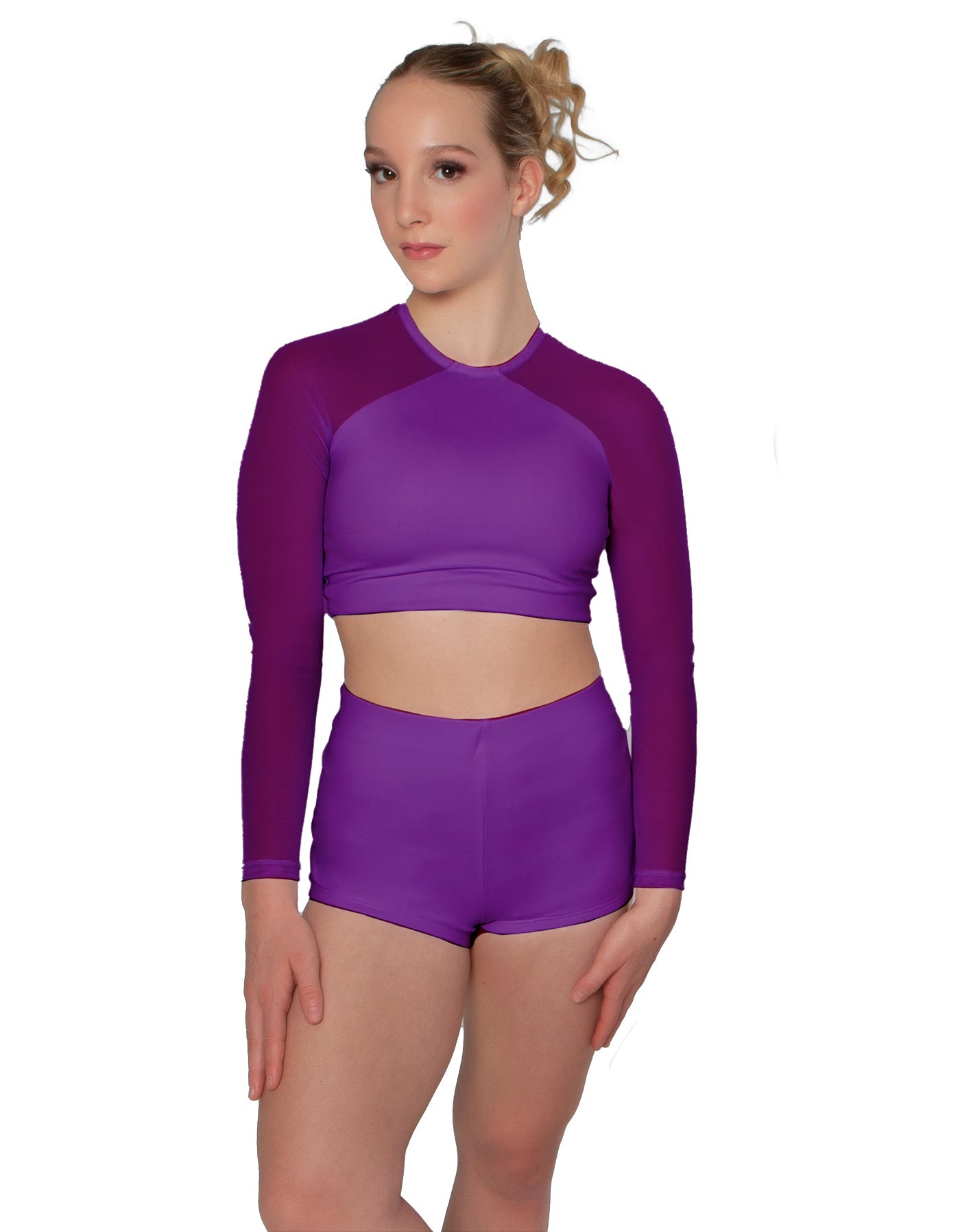 Solid Lycra LS Mesh Raglan Keyhole back Crop Top