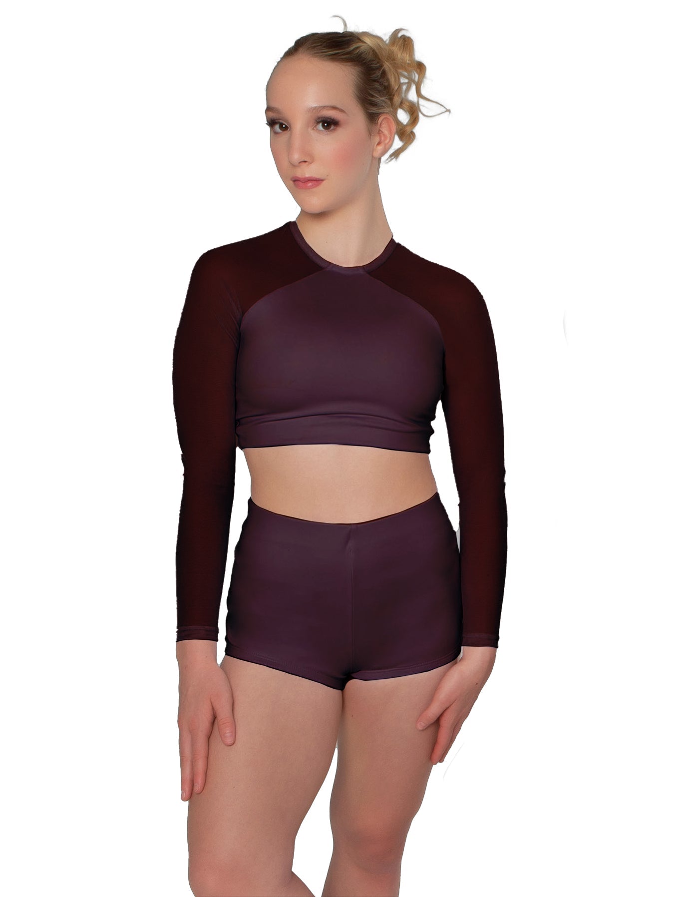 Solid Lycra LS Mesh Raglan Keyhole back Crop Top