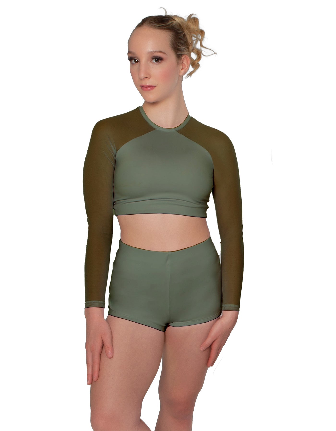 Solid Lycra LS Mesh Raglan Keyhole back Crop Top