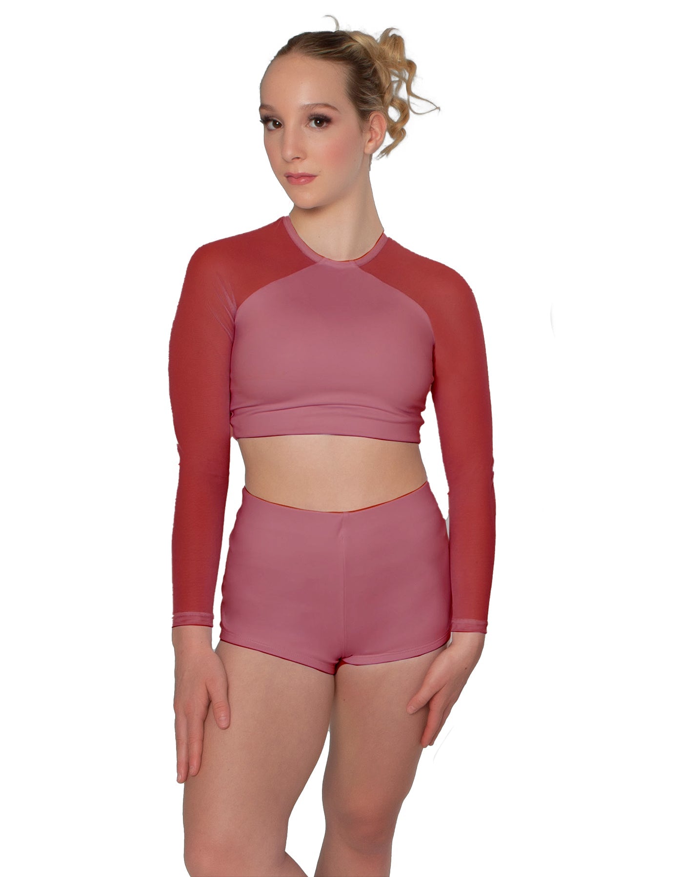 Solid Lycra LS Mesh Raglan Keyhole back Crop Top
