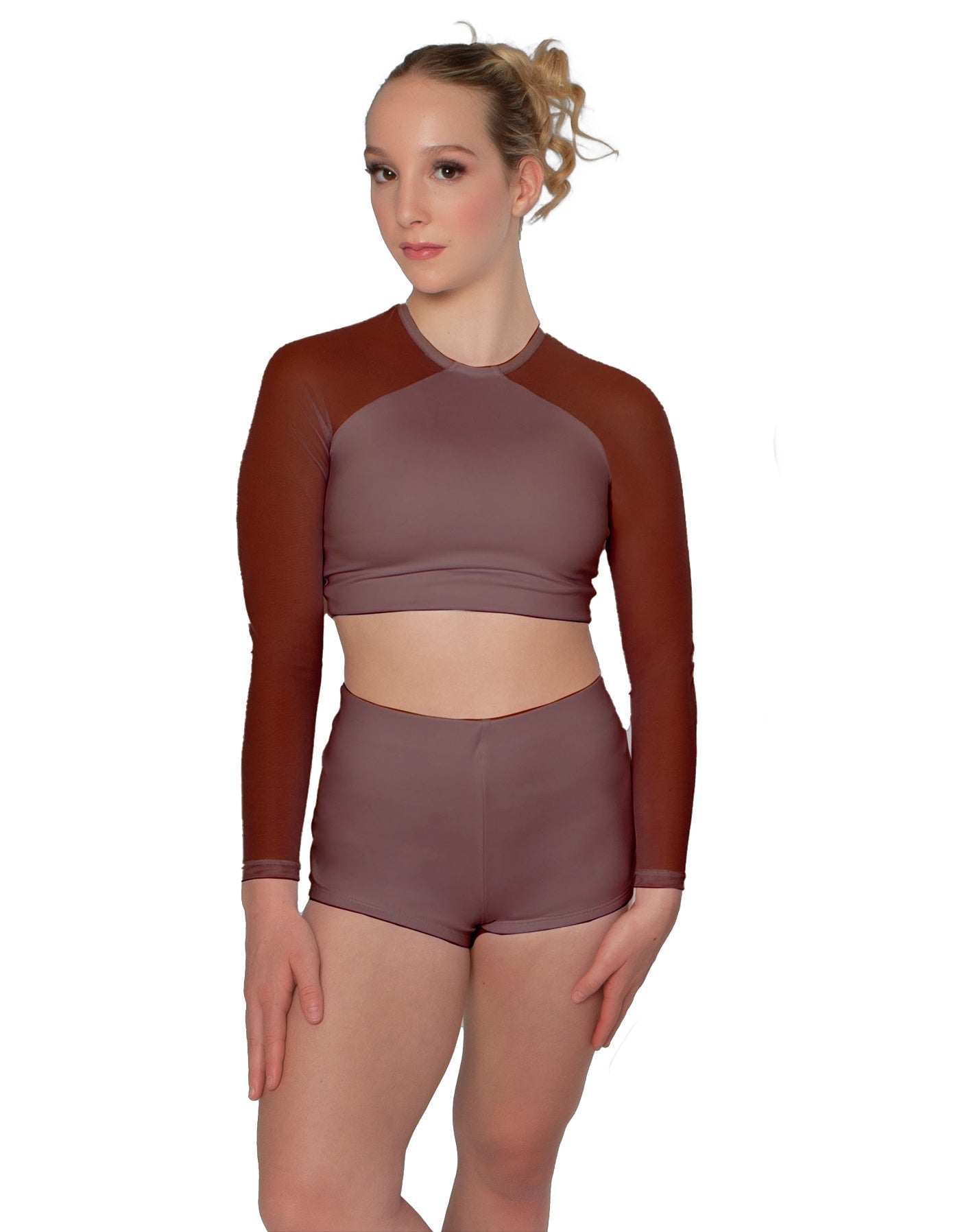 Solid Lycra LS Mesh Raglan Keyhole back Crop Top