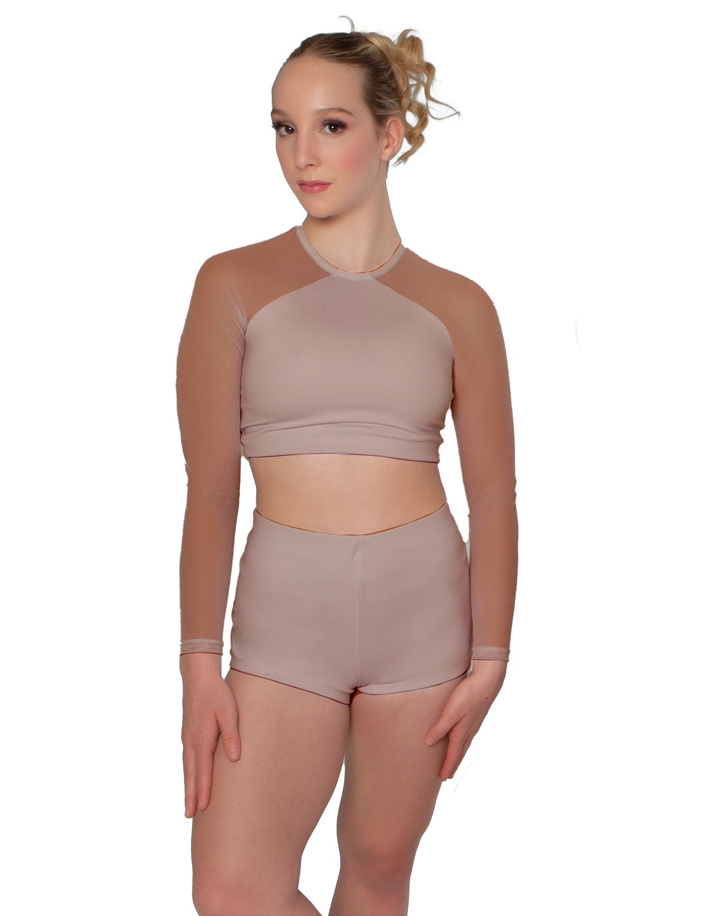 Solid Lycra LS Mesh Raglan Keyhole back Crop Top