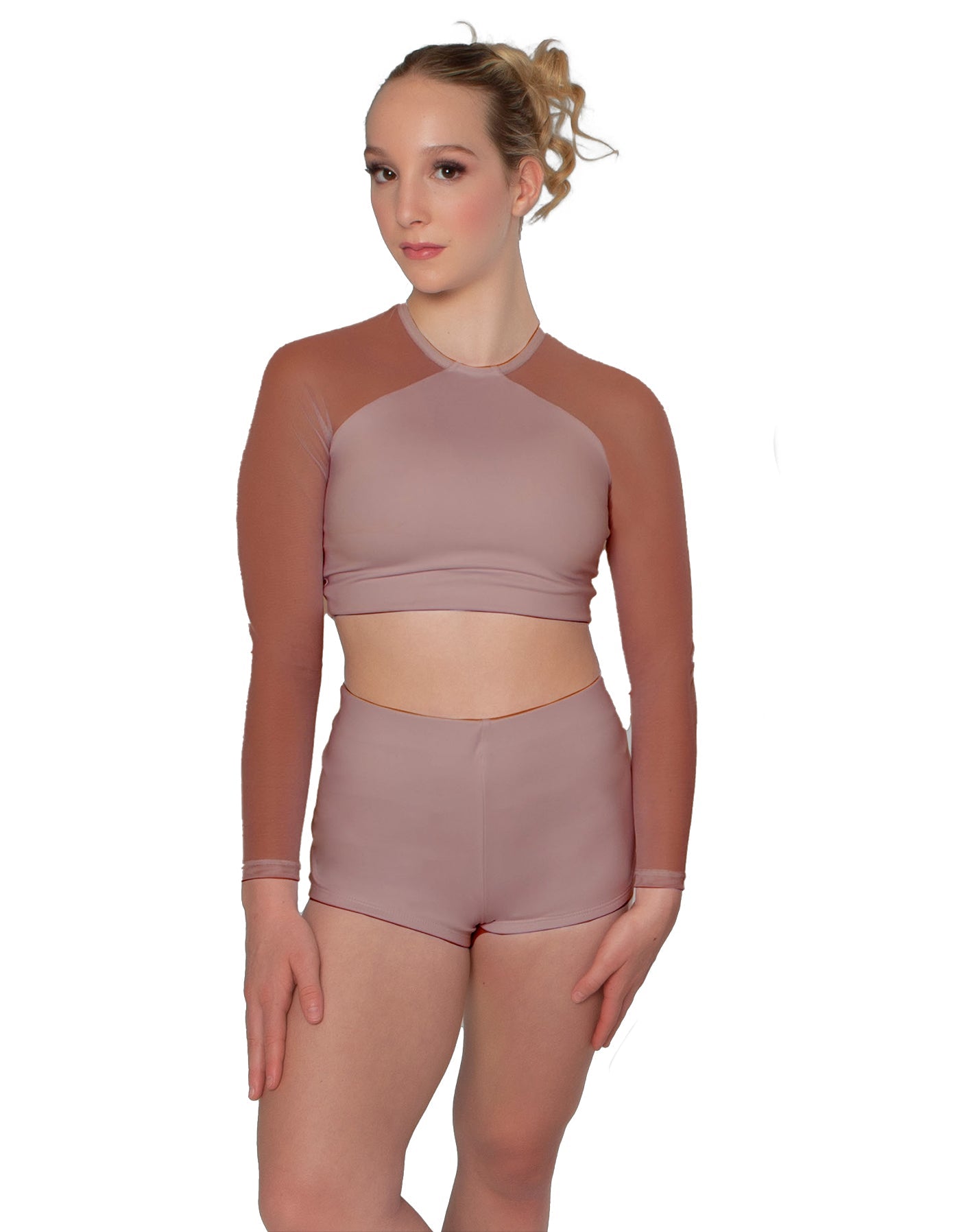 Solid Lycra LS Mesh Raglan Keyhole back Crop Top