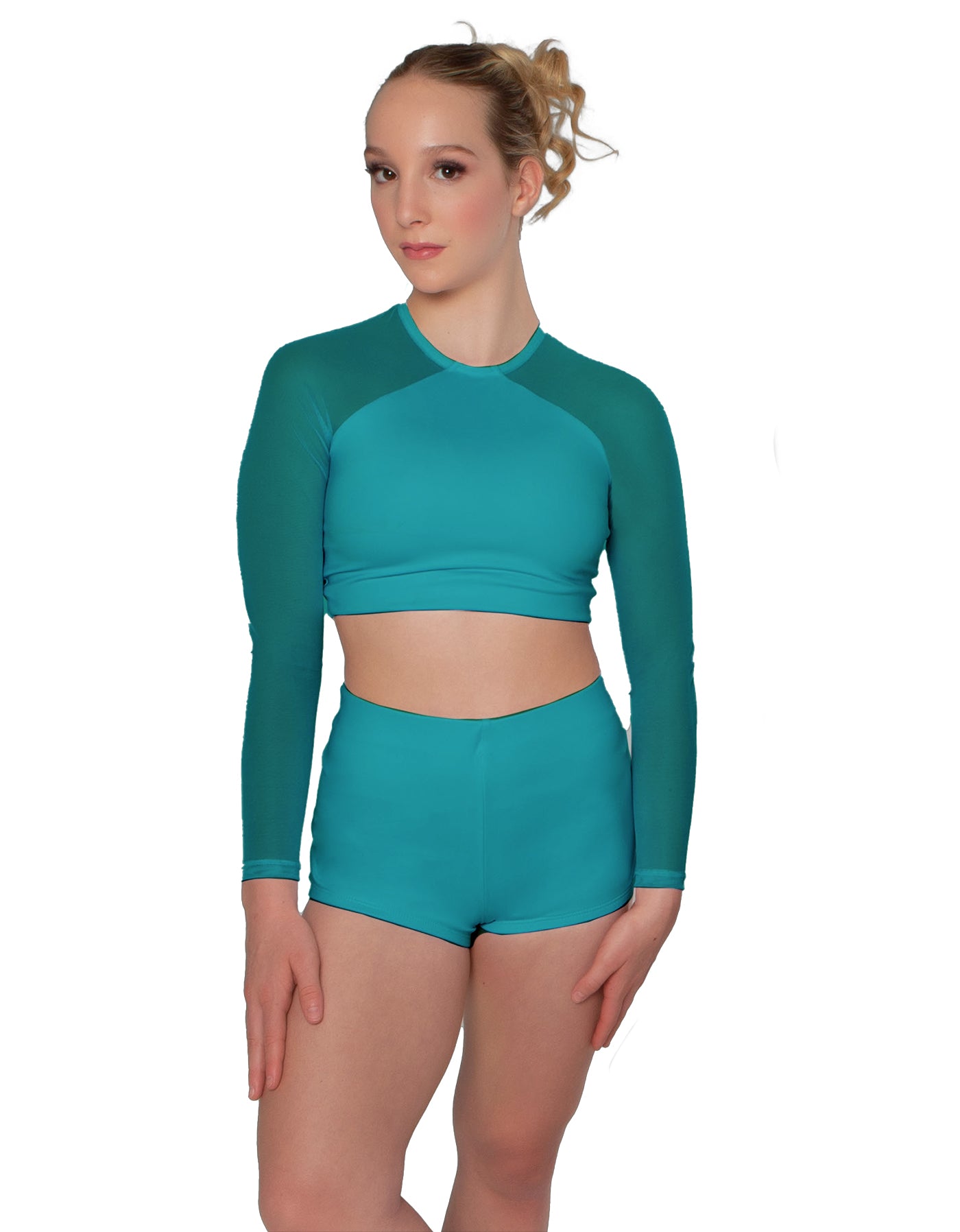 Solid Lycra LS Mesh Raglan Keyhole back Crop Top