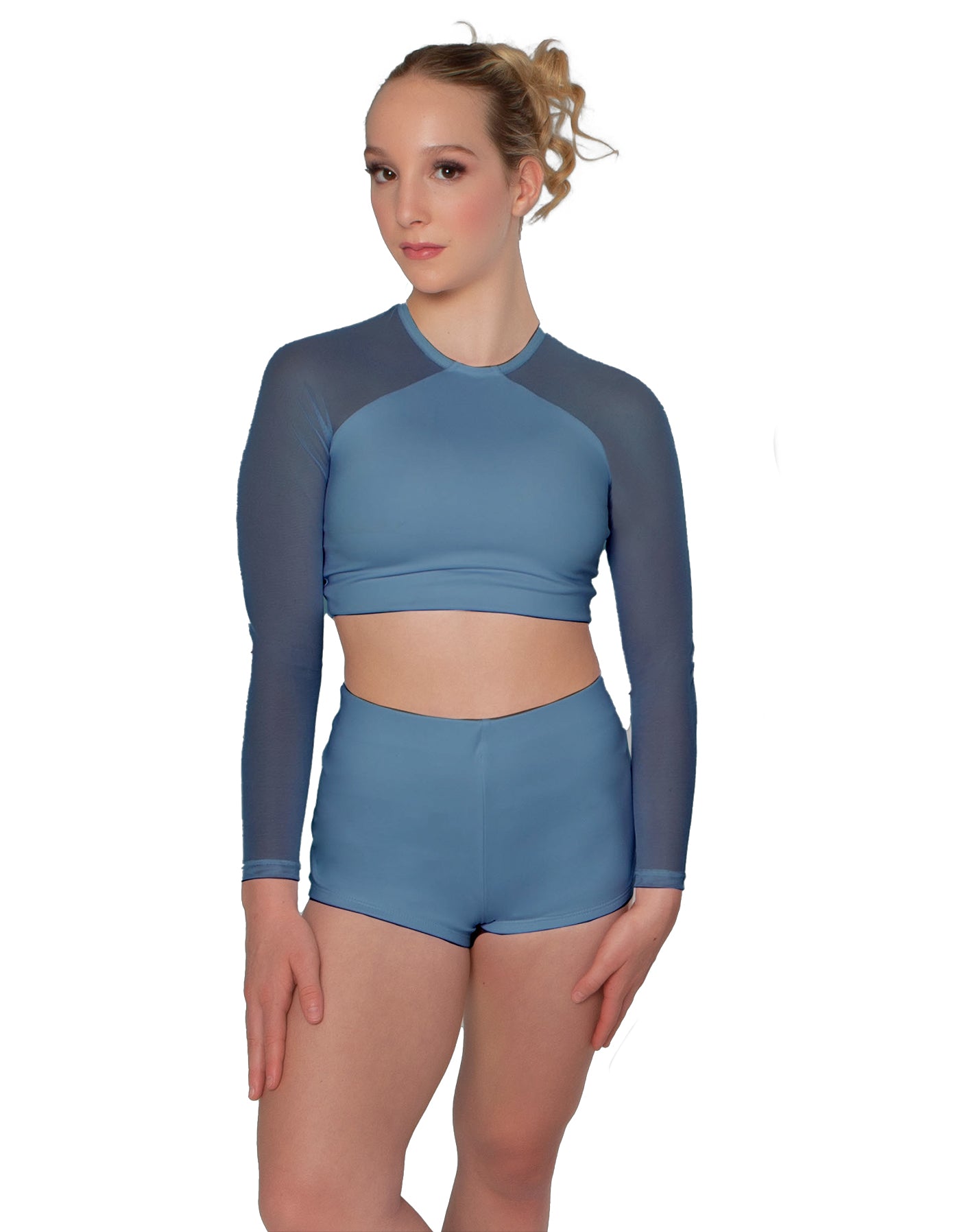 Solid Lycra LS Mesh Raglan Keyhole back Crop Top