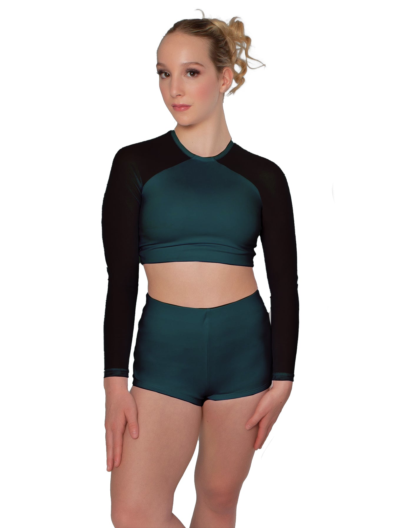 Solid Lycra LS Mesh Raglan Keyhole back Crop Top