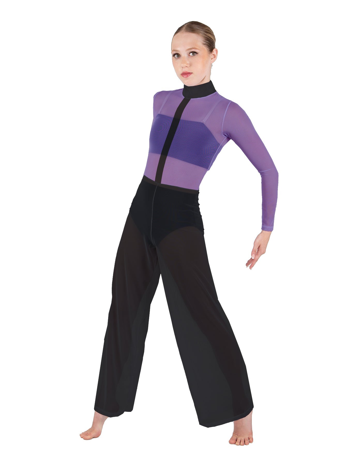 Avant Garde LS TNeck Keyhole Wide Leg Mesh Unitard with Bandeau and Panty