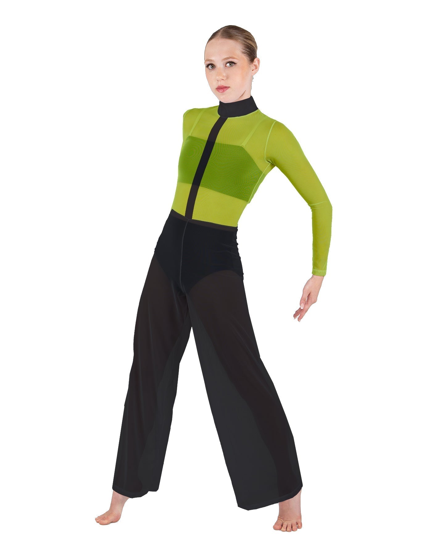 Avant Garde LS TNeck Keyhole Wide Leg Mesh Unitard with Bandeau and Panty