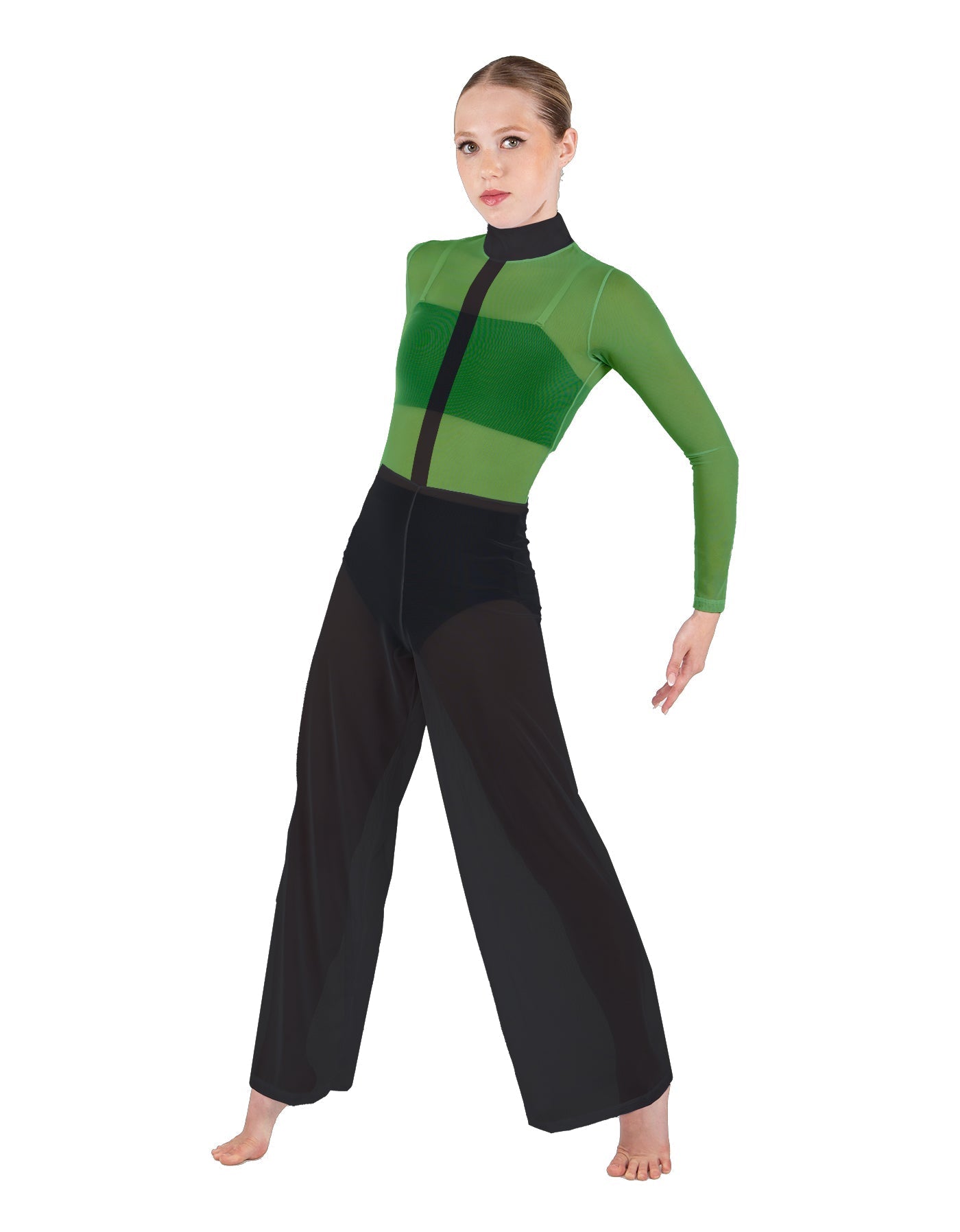 Avant Garde LS TNeck Keyhole Wide Leg Mesh Unitard with Bandeau and Panty