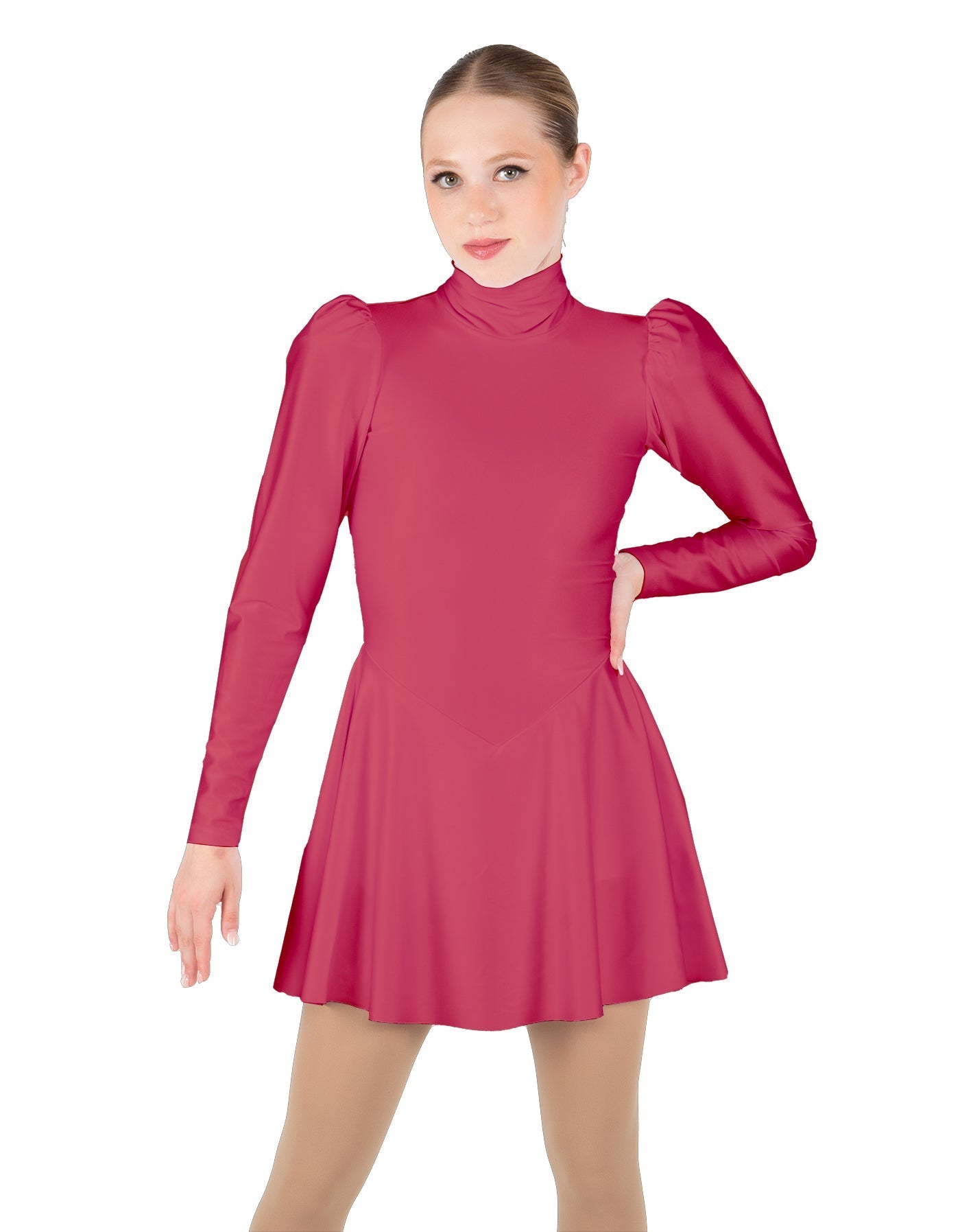 Solid Lycra LS Puff Sleeve TNeck Keyhole Back Dress