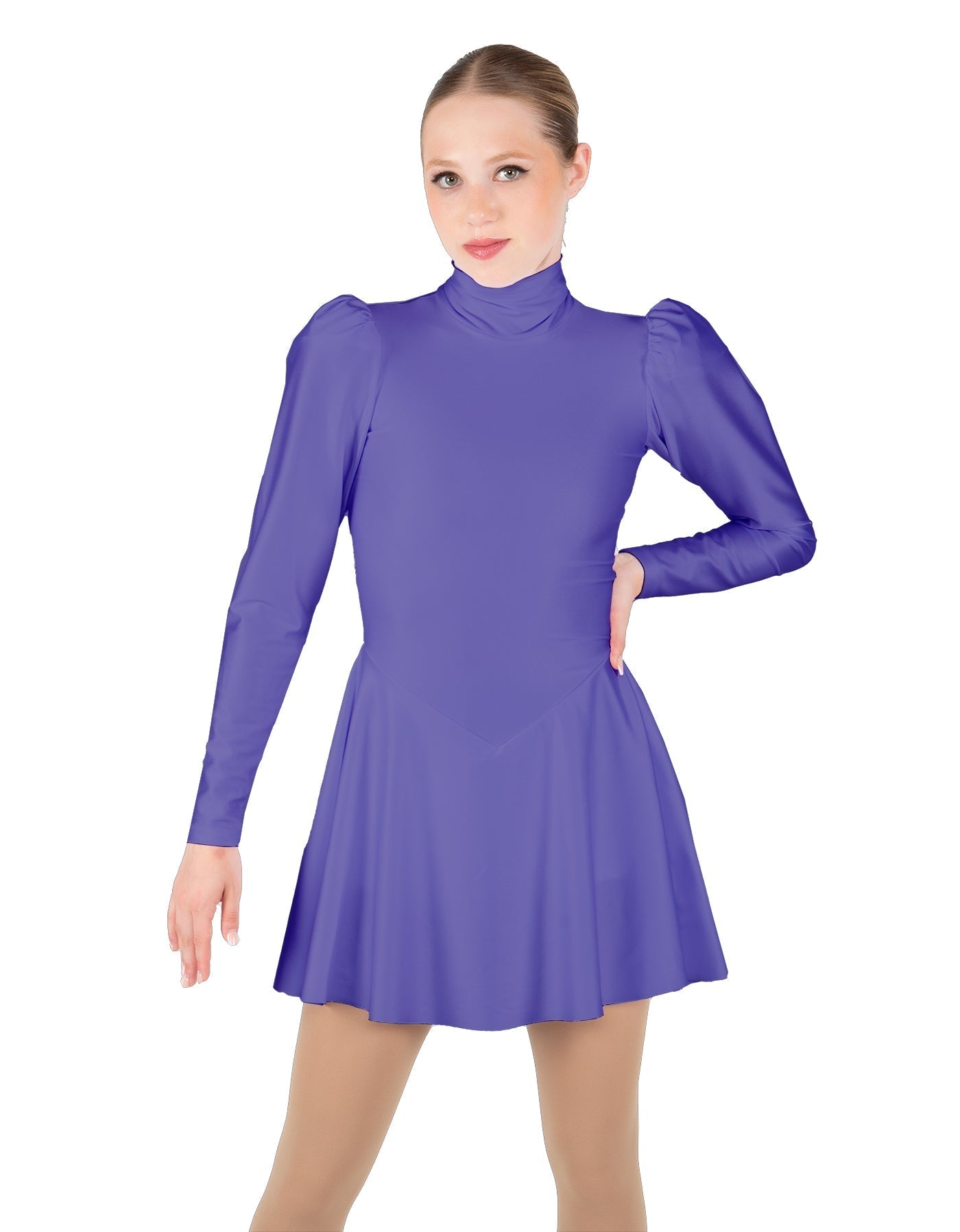 Solid Lycra LS Puff Sleeve TNeck Keyhole Back Dress