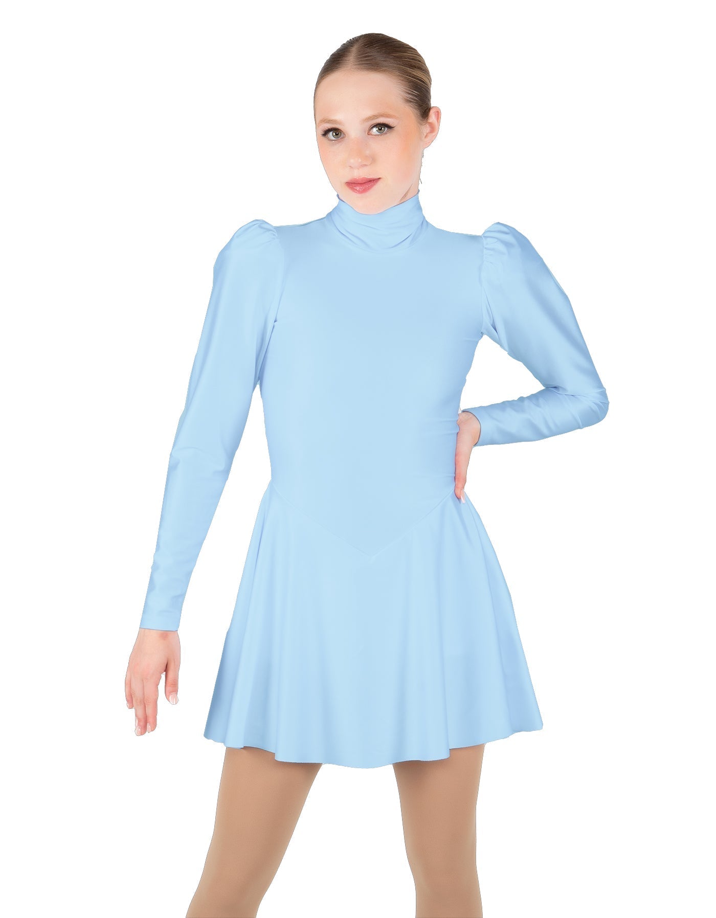 Solid Lycra LS Puff Sleeve TNeck Keyhole Back Dress