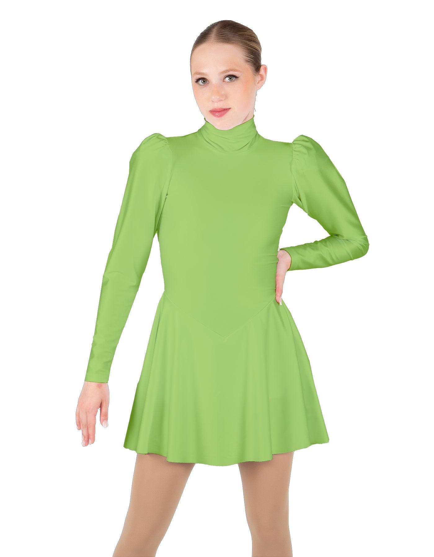 Solid Lycra LS Puff Sleeve TNeck Keyhole Back Dress
