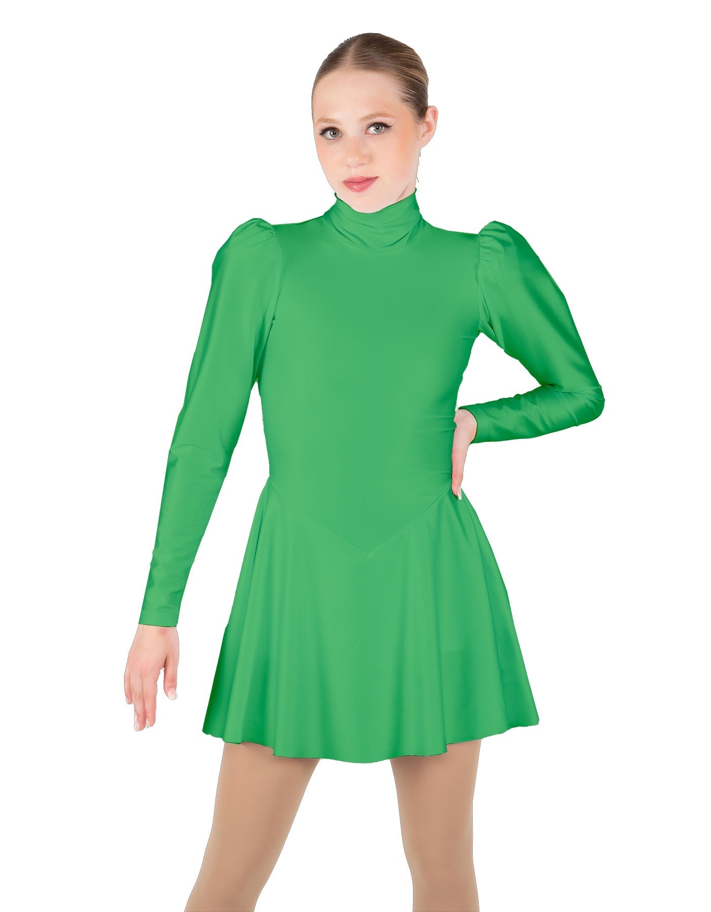 Solid Lycra LS Puff Sleeve TNeck Keyhole Back Dress