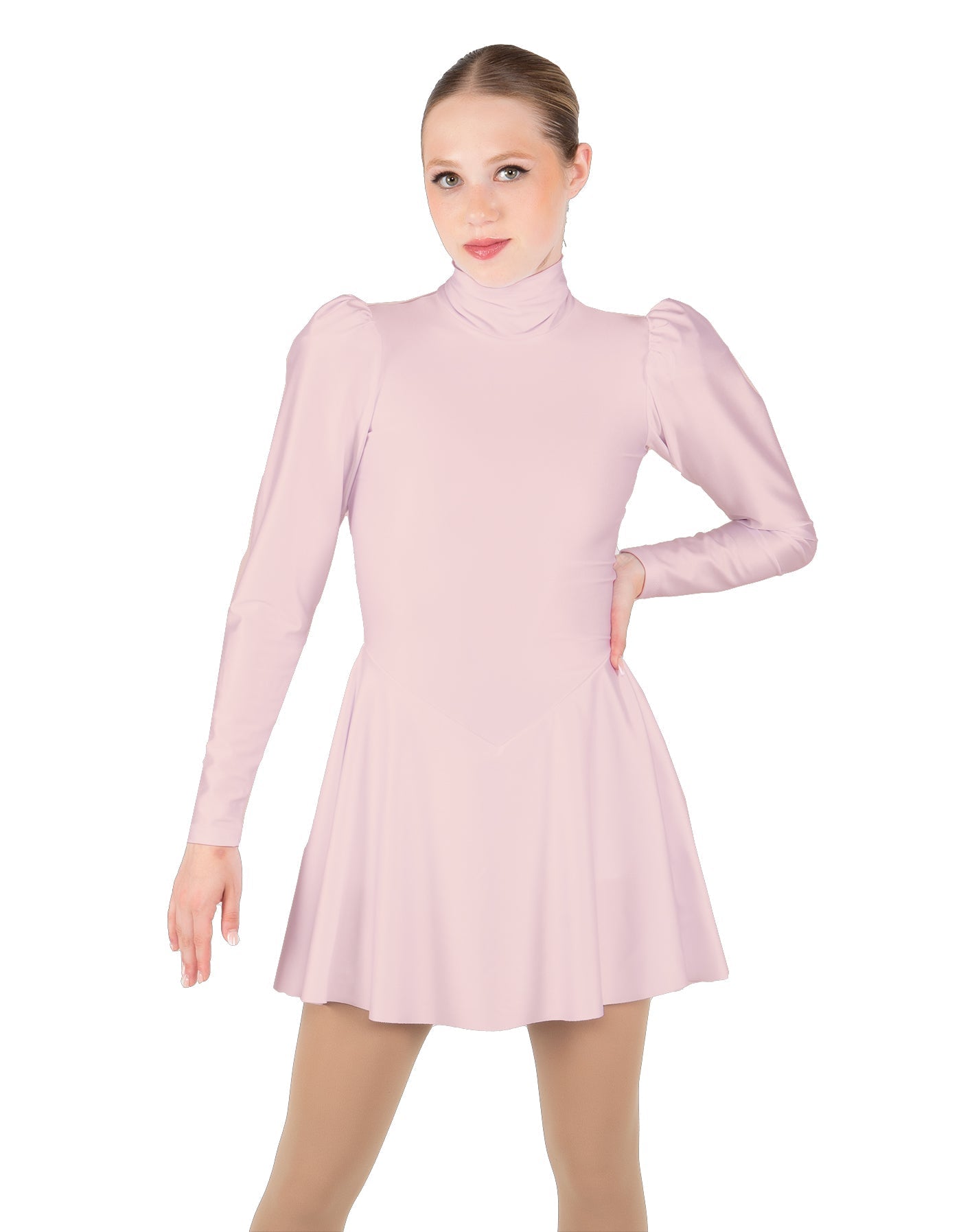 Solid Lycra LS Puff Sleeve TNeck Keyhole Back Dress
