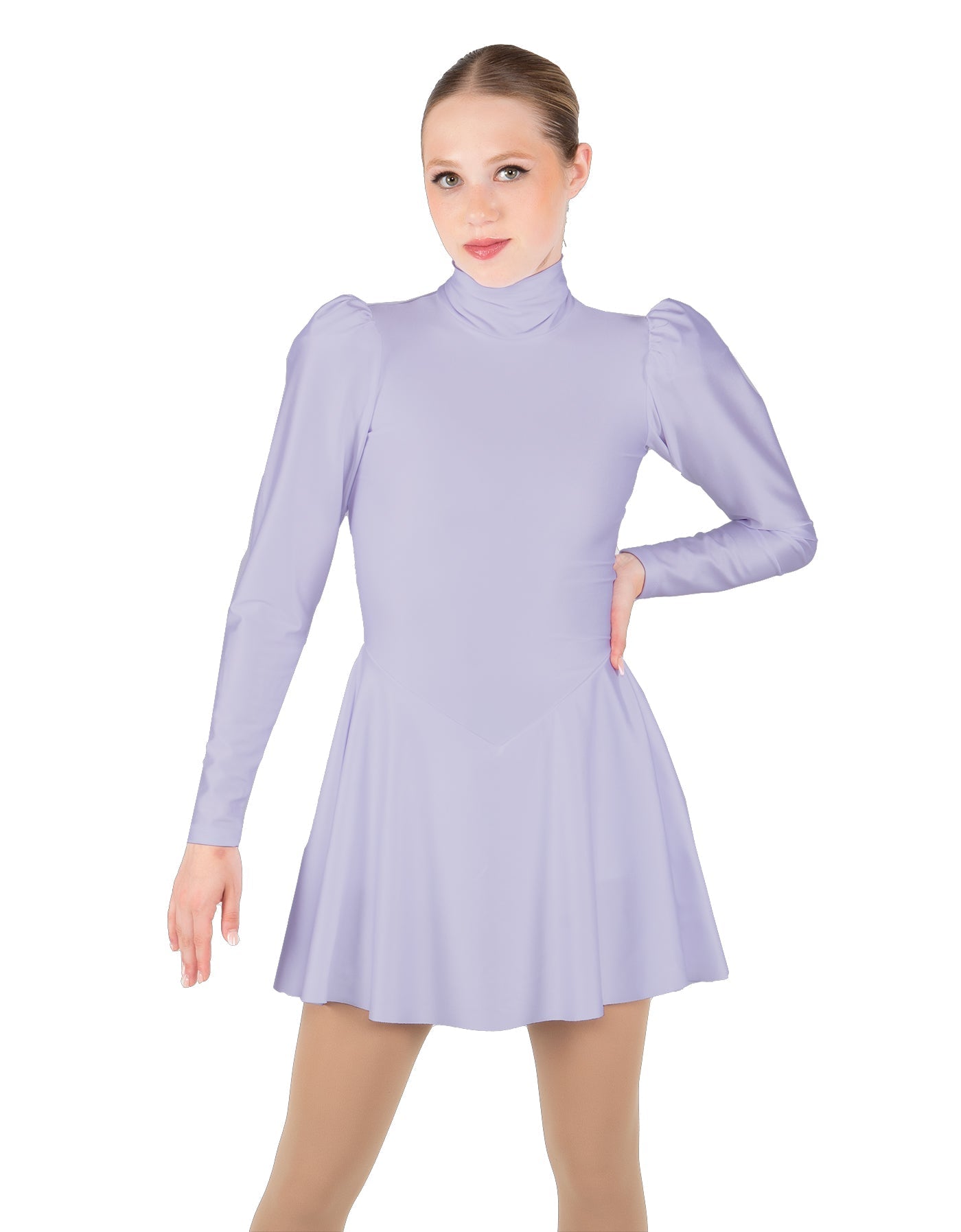 Solid Lycra LS Puff Sleeve TNeck Keyhole Back Dress