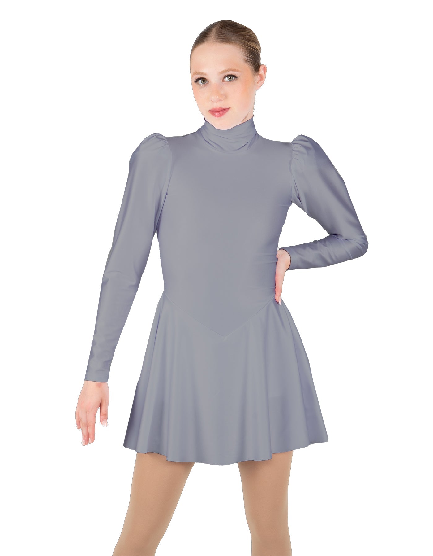 Solid Lycra LS Puff Sleeve TNeck Keyhole Back Dress